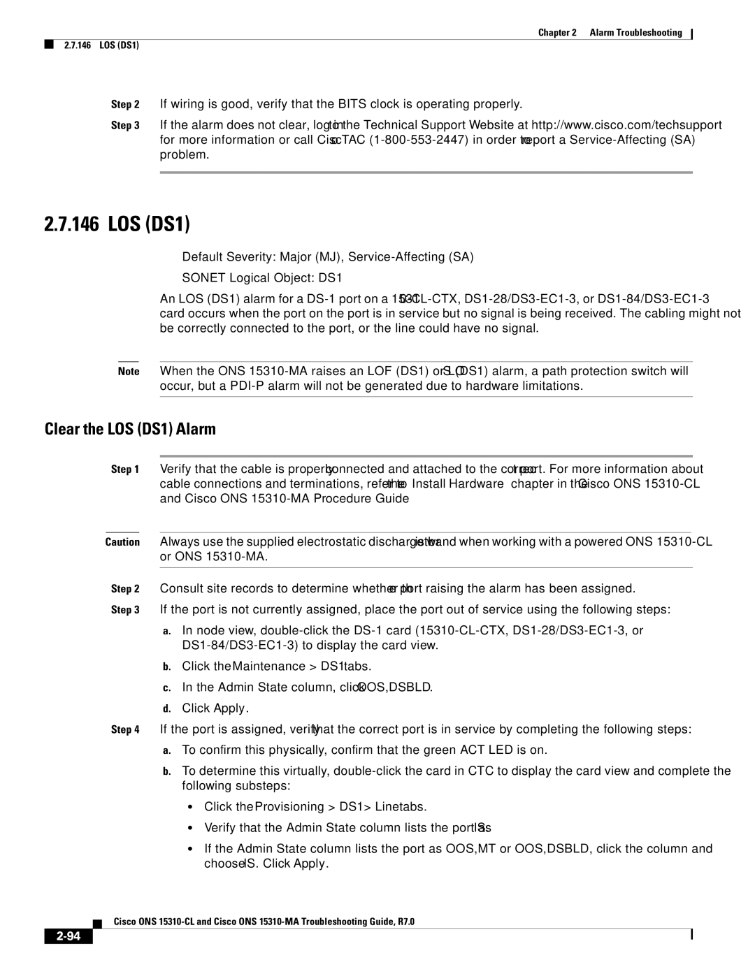 Cisco Systems ONS 15310-CL, ONS 15310-MA manual Clear the LOS DS1 Alarm, Click the Maintenance DS1 tabs 