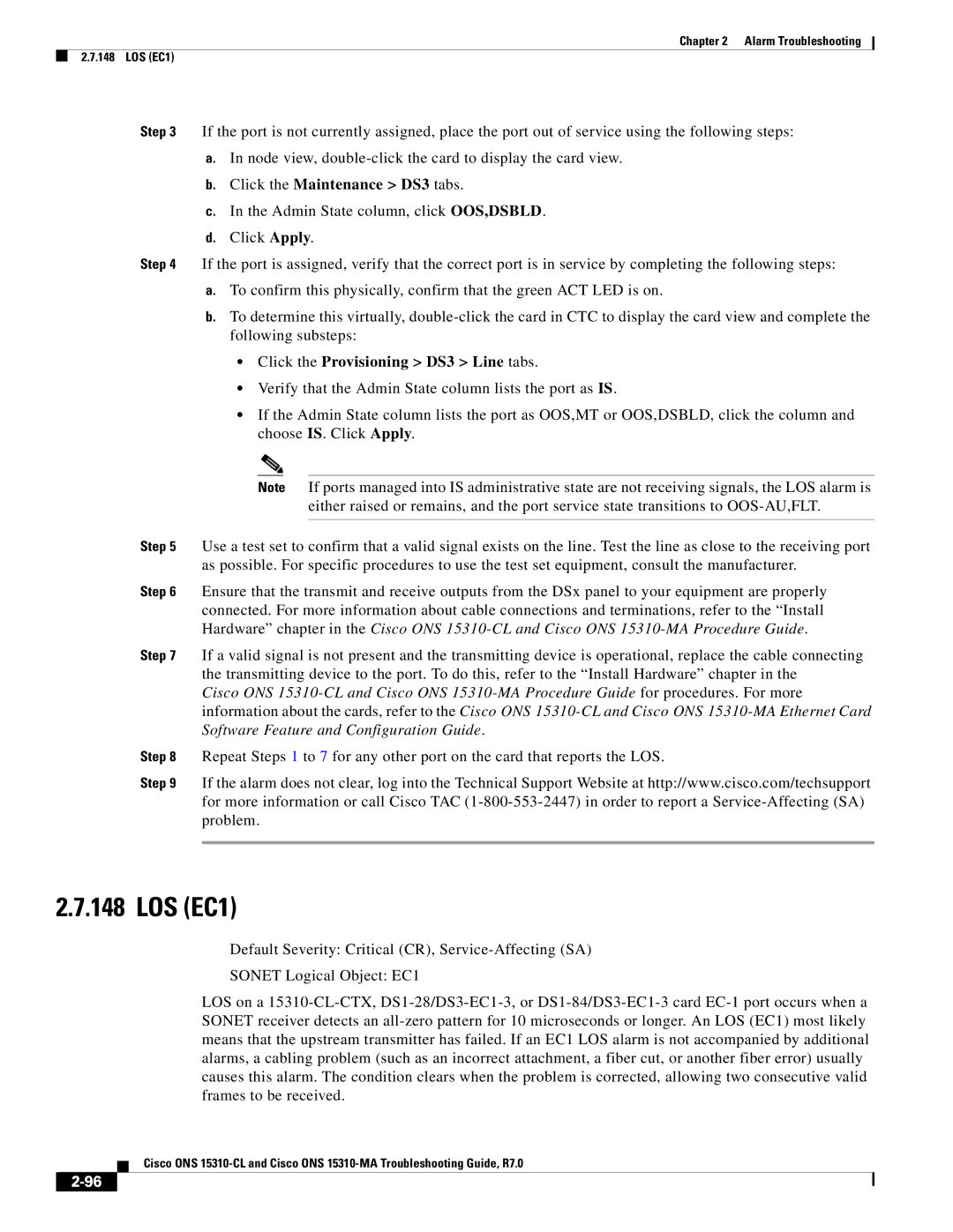 Cisco Systems ONS 15310-CL, ONS 15310-MA manual LOS EC1, Click the Maintenance DS3 tabs 