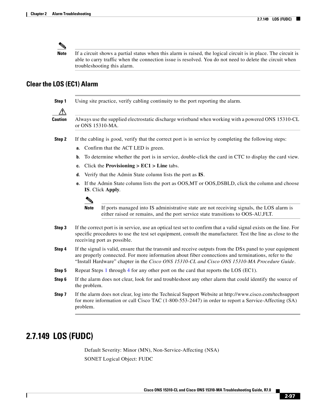 Cisco Systems ONS 15310-MA, ONS 15310-CL manual LOS Fudc, Clear the LOS EC1 Alarm, Click the Provisioning EC1 Line tabs 