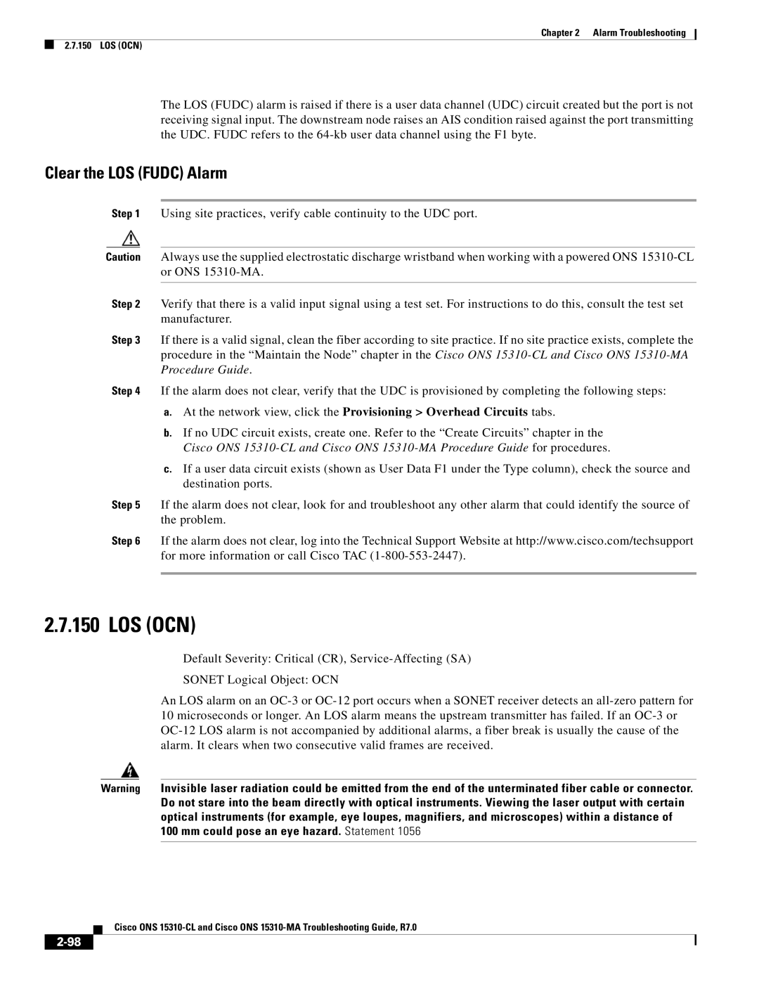 Cisco Systems ONS 15310-CL, ONS 15310-MA manual Los Ocn, Clear the LOS Fudc Alarm 