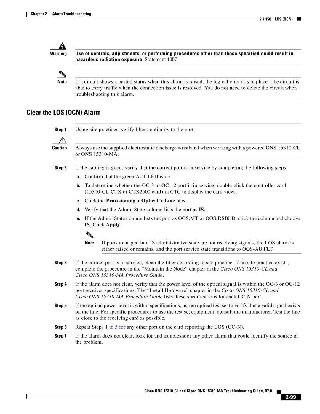 Cisco Systems ONS 15310-MA, ONS 15310-CL manual Clear the LOS OCN Alarm, Click the Provisioning Optical Line tabs 