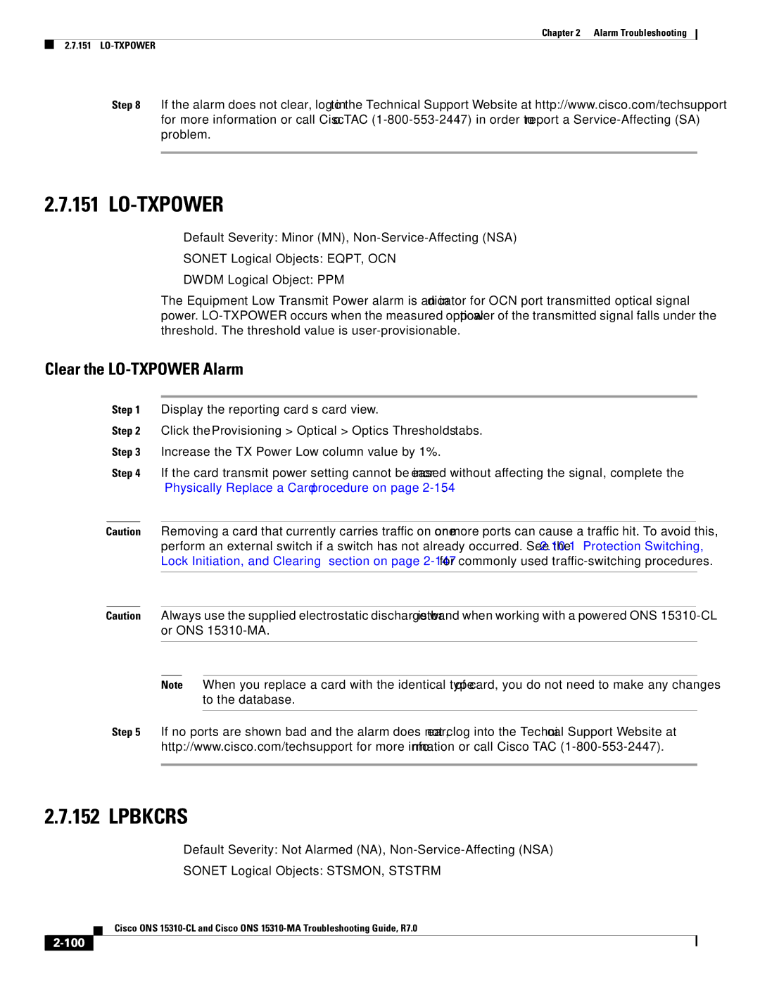 Cisco Systems ONS 15310-CL, ONS 15310-MA manual Lo-Txpower, Lpbkcrs, Clear the LO-TXPOWER Alarm, 100 