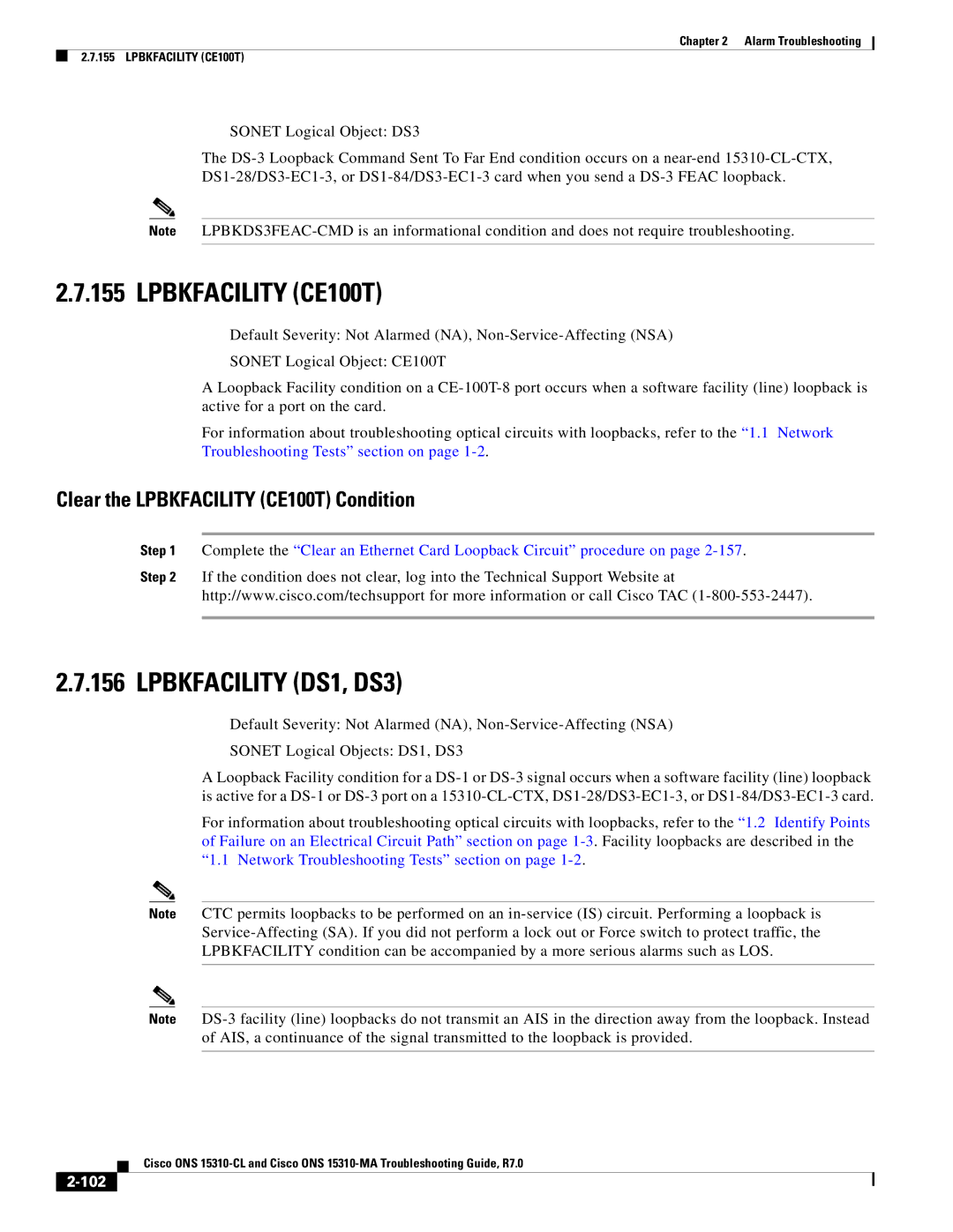 Cisco Systems ONS 15310-CL, ONS 15310-MA manual Lpbkfacility DS1, DS3, Clear the Lpbkfacility CE100T Condition, 102 