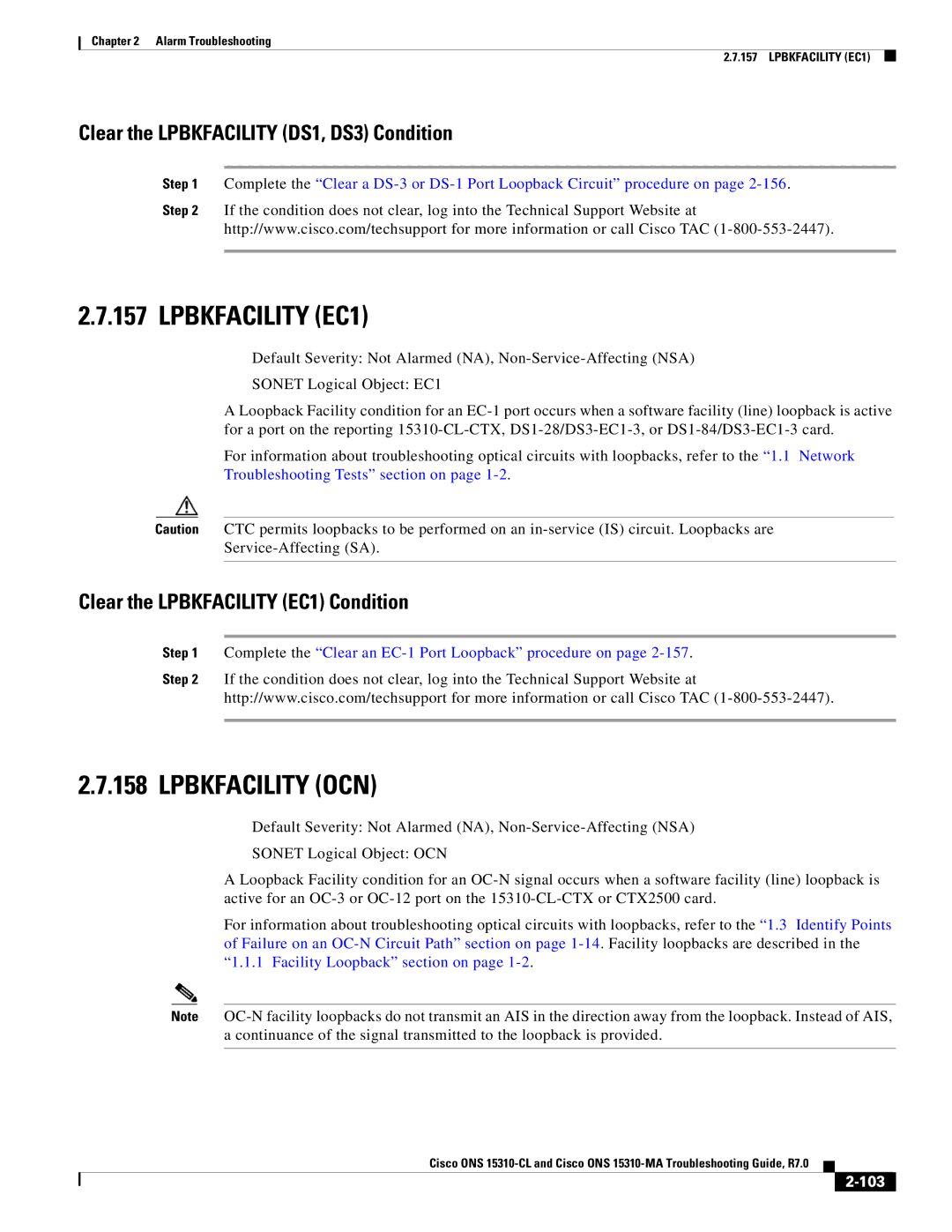 Cisco Systems ONS 15310-MA manual Lpbkfacility EC1, Lpbkfacility OCN, Clear the Lpbkfacility DS1, DS3 Condition, 103 