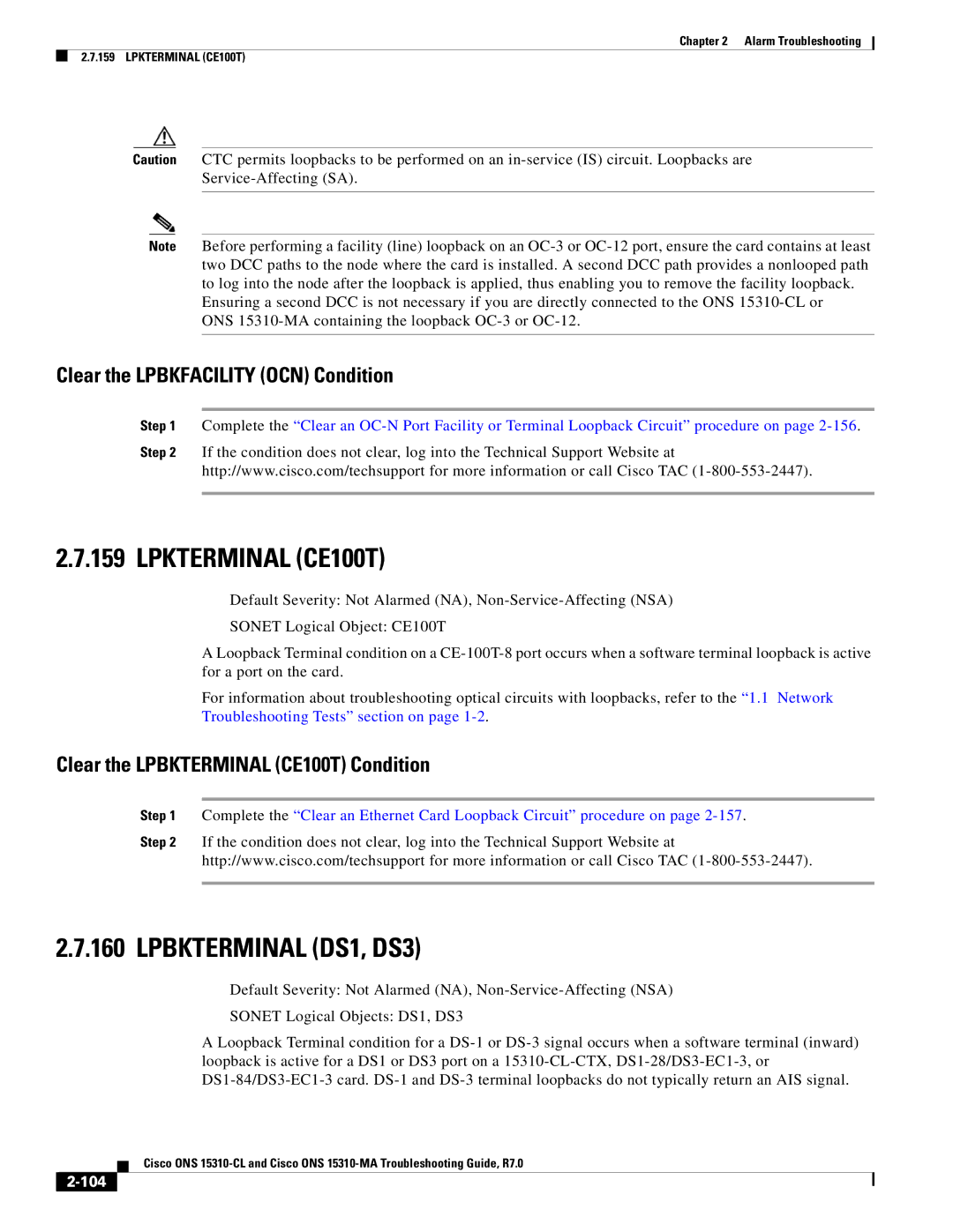 Cisco Systems ONS 15310-CL manual Lpkterminal CE100T, Lpbkterminal DS1, DS3, Clear the Lpbkfacility OCN Condition, 104 