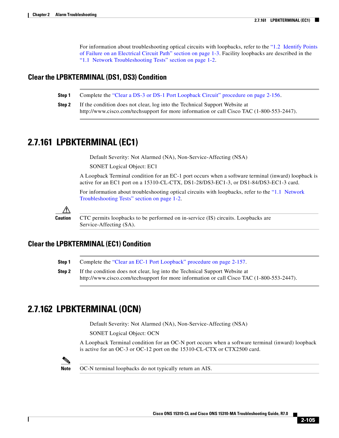 Cisco Systems ONS 15310-MA manual Lpbkterminal EC1, Lpbkterminal OCN, Clear the Lpbkterminal DS1, DS3 Condition, 105 