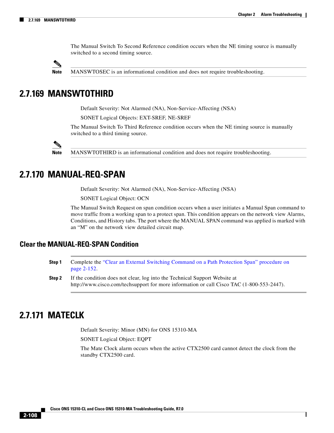 Cisco Systems ONS 15310-CL, ONS 15310-MA Manswtothird, Manual-Req-Span, Mateclk, Clear the MANUAL-REQ-SPAN Condition, 108 