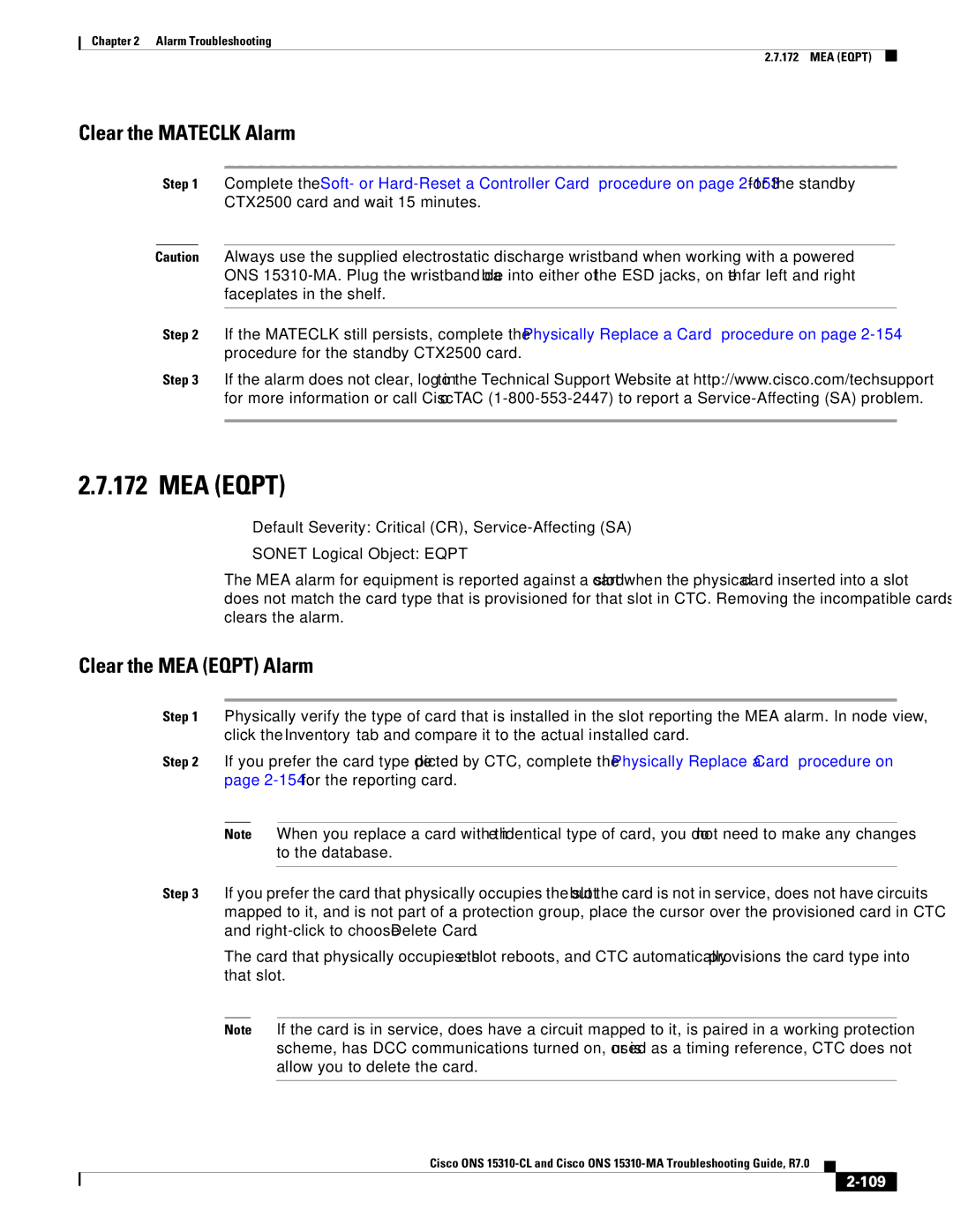 Cisco Systems ONS 15310-MA, ONS 15310-CL manual Clear the Mateclk Alarm, Clear the MEA Eqpt Alarm, 109 