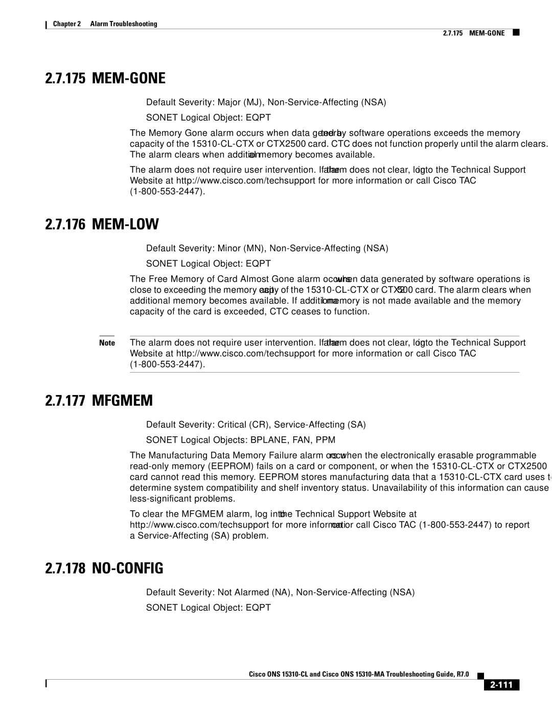 Cisco Systems ONS 15310-MA, ONS 15310-CL manual Mem-Gone, Mem-Low, Mfgmem, No-Config, 111 