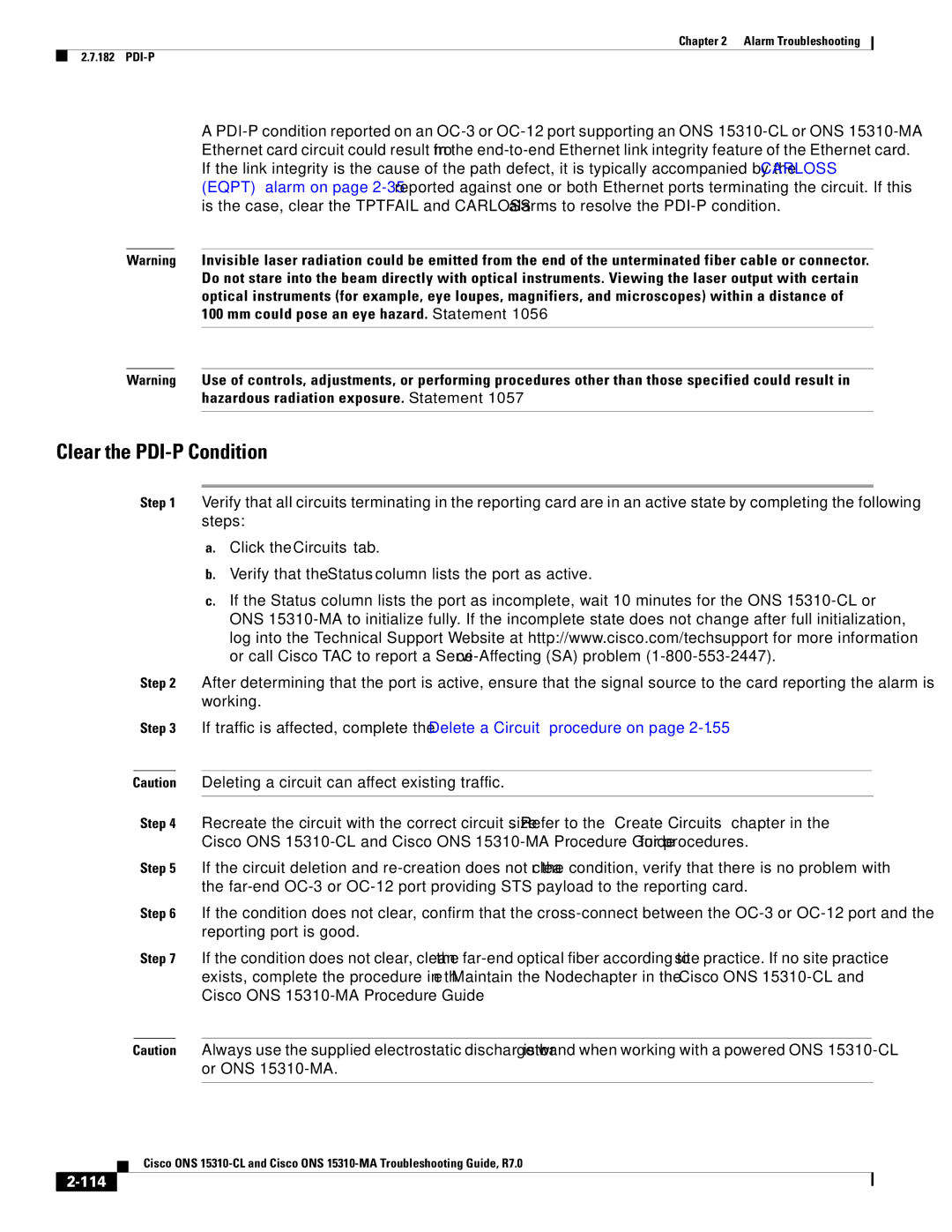 Cisco Systems ONS 15310-CL, ONS 15310-MA manual Clear the PDI-P Condition, 114 