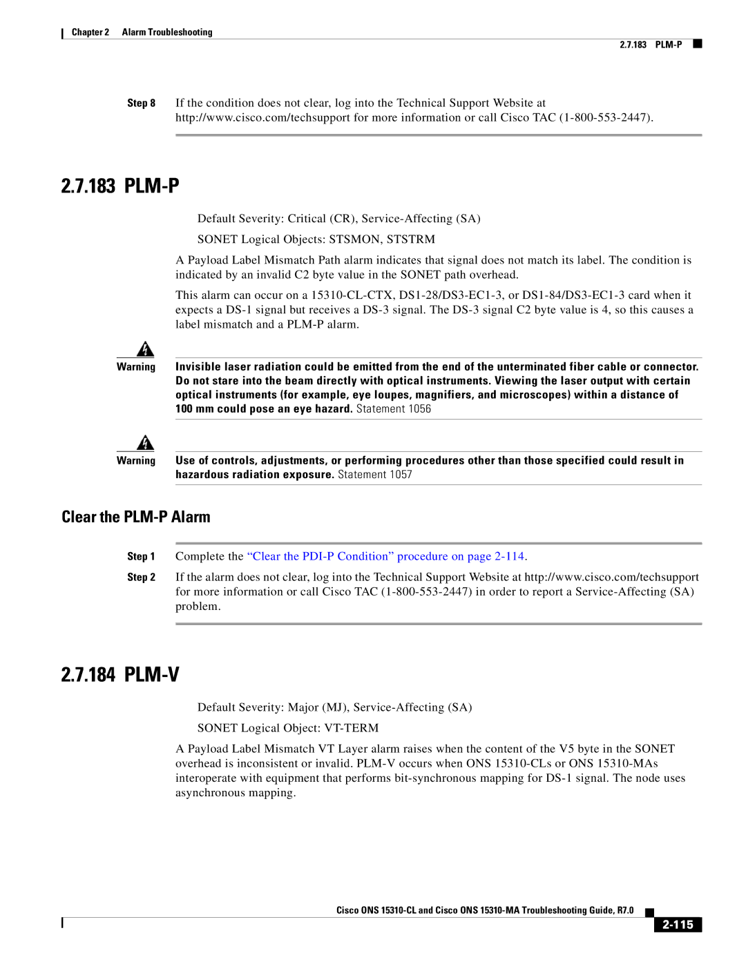 Cisco Systems ONS 15310-MA, ONS 15310-CL manual Plm-P, Plm-V, Clear the PLM-P Alarm, 115 