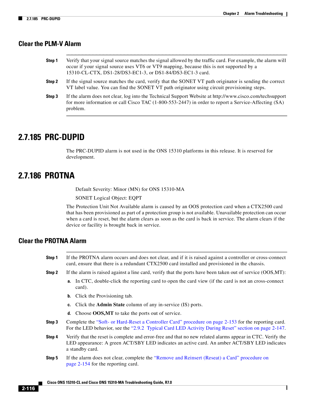 Cisco Systems ONS 15310-CL, ONS 15310-MA manual Prc-Dupid, Clear the PLM-V Alarm, Clear the Protna Alarm, 116 