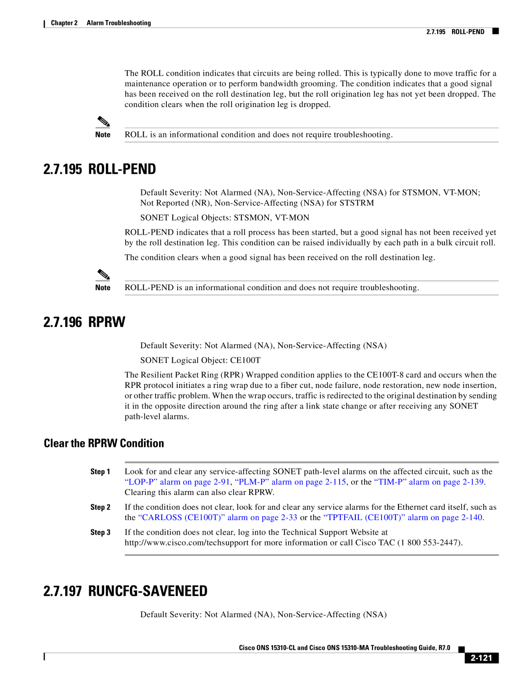 Cisco Systems ONS 15310-MA, ONS 15310-CL manual Roll-Pend, Runcfg-Saveneed, Clear the Rprw Condition, 121 