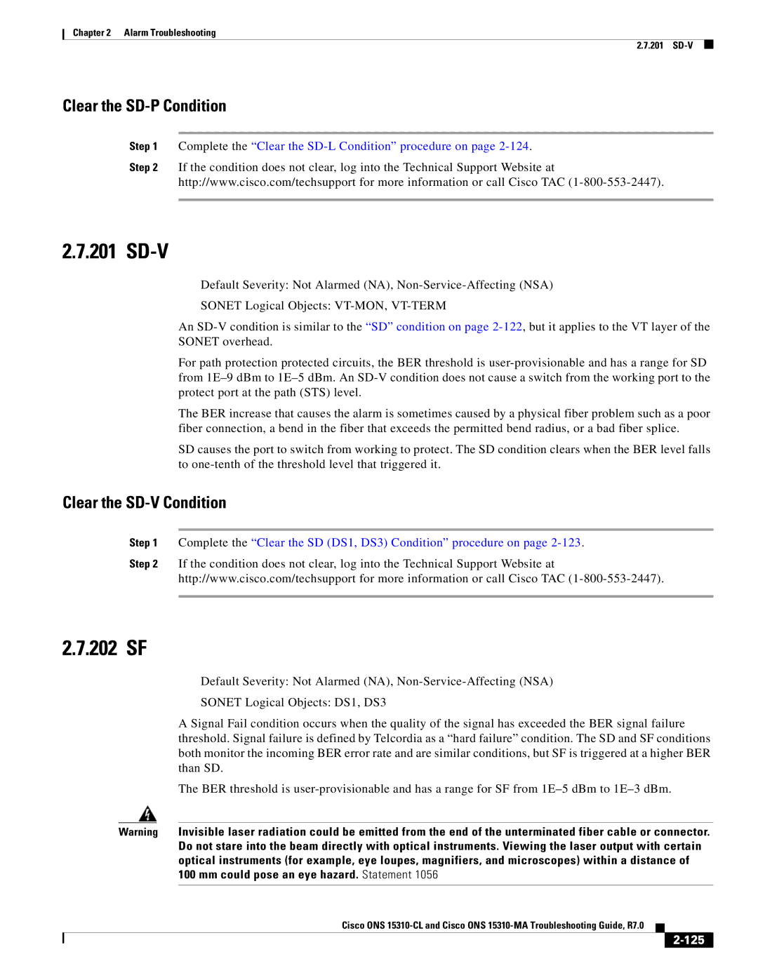 Cisco Systems ONS 15310-MA, ONS 15310-CL manual Sd-V, 202 SF, Clear the SD-P Condition, Clear the SD-V Condition, 125 