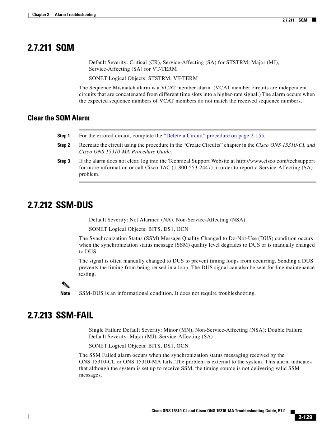 Cisco Systems ONS 15310-MA, ONS 15310-CL manual 211 SQM, Ssm-Dus, Ssm-Fail, Clear the SQM Alarm, 129 