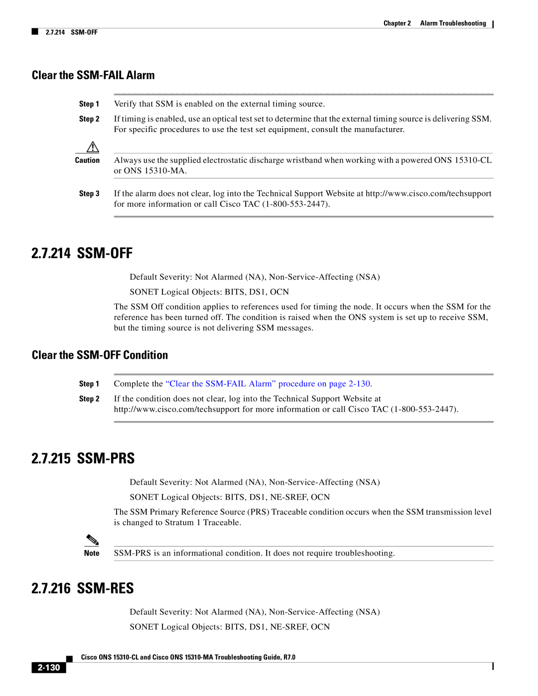 Cisco Systems ONS 15310-CL, ONS 15310-MA Ssm-Off, Ssm-Prs, Ssm-Res, Clear the SSM-FAIL Alarm, Clear the SSM-OFF Condition 