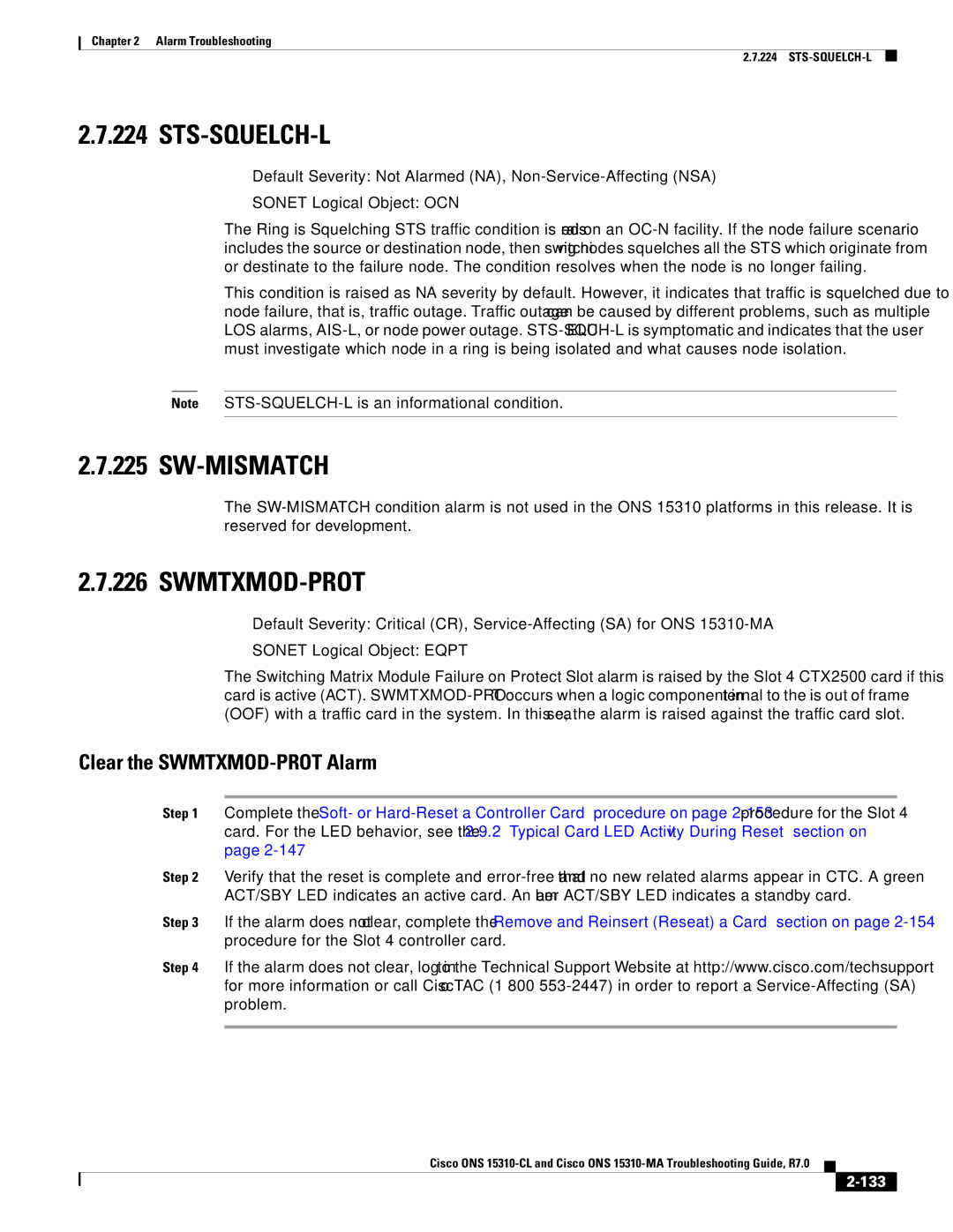 Cisco Systems ONS 15310-MA, ONS 15310-CL Sts-Squelch-L, Sw-Mismatch, Swmtxmod-Prot, Clear the SWMTXMOD-PROT Alarm, 133 