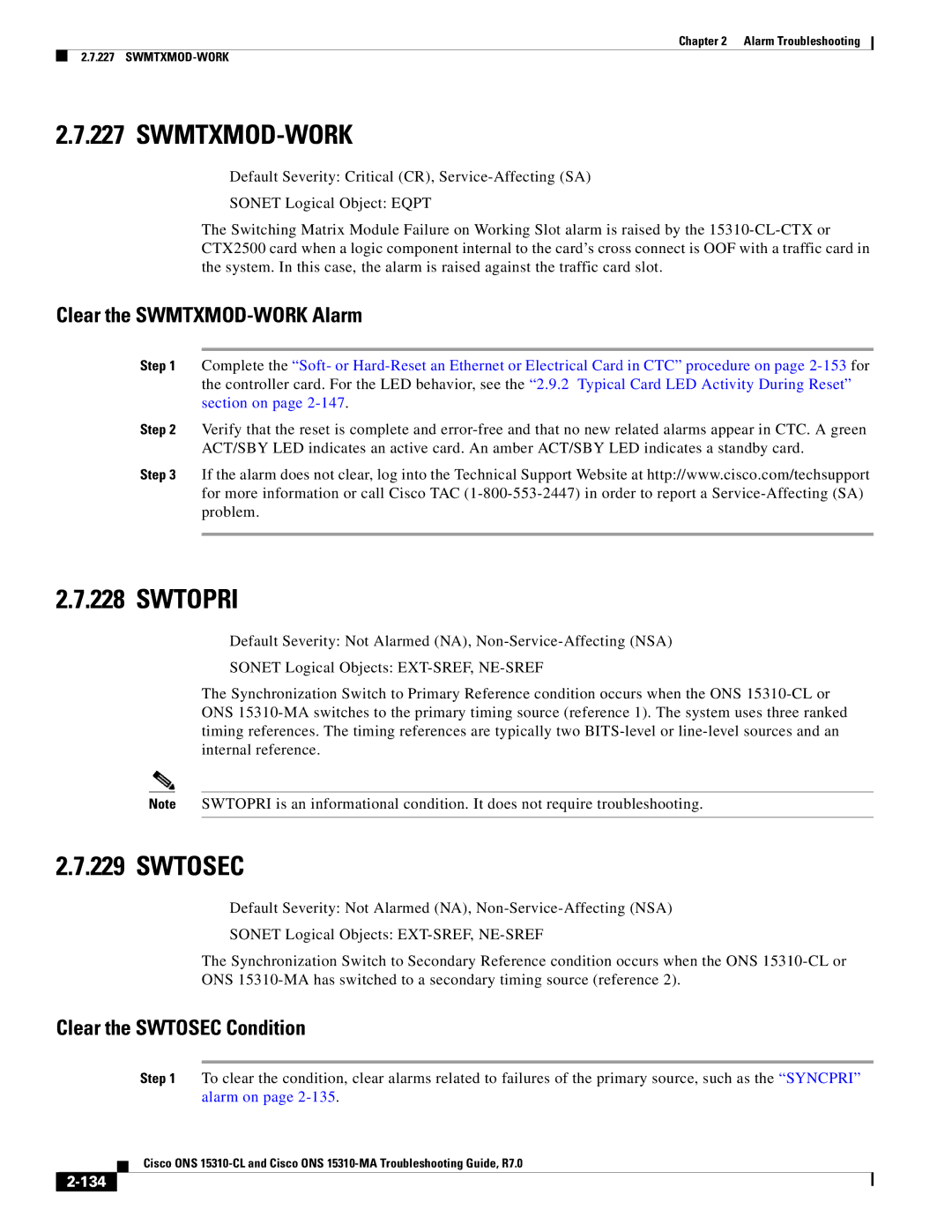 Cisco Systems ONS 15310-CL manual Swmtxmod-Work, Swtopri, Clear the SWMTXMOD-WORK Alarm, Clear the Swtosec Condition 