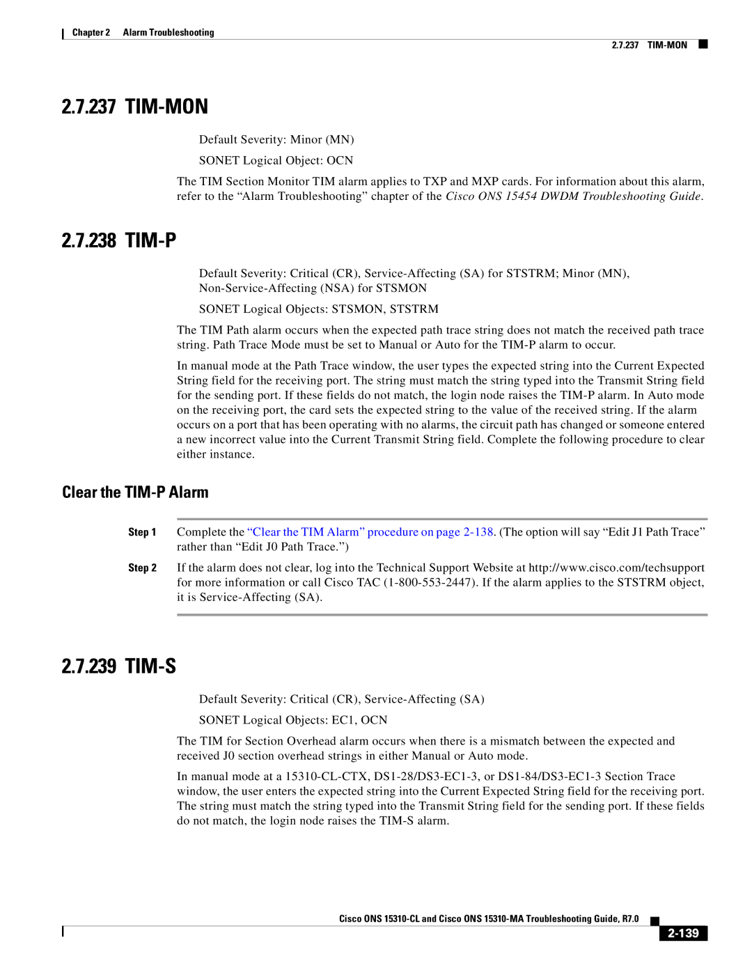 Cisco Systems ONS 15310-MA, ONS 15310-CL manual Tim-Mon, Tim-P, Tim-S, Clear the TIM-P Alarm, 139 