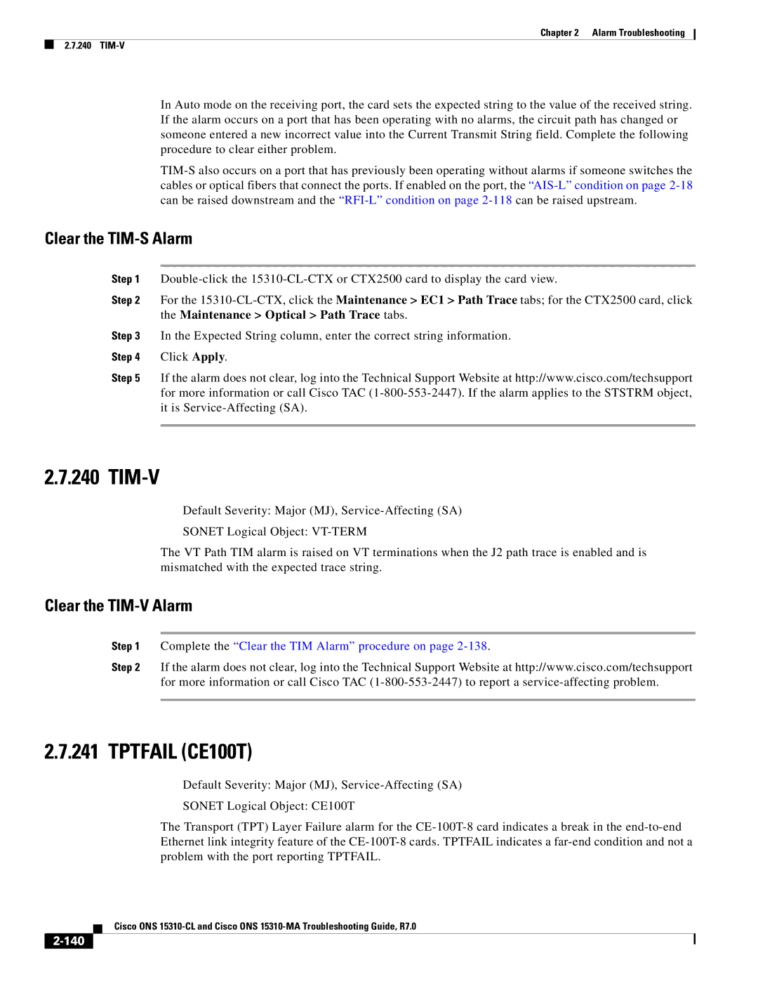 Cisco Systems ONS 15310-CL, ONS 15310-MA manual Tim-V, Tptfail CE100T, Clear the TIM-S Alarm, Clear the TIM-V Alarm, 140 