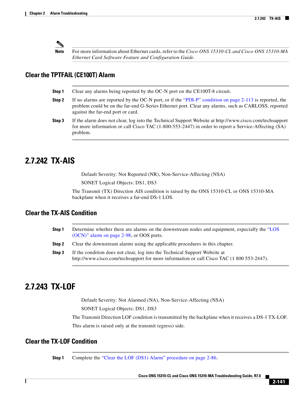 Cisco Systems ONS 15310-MA, ONS 15310-CL manual Tx-Ais, Tx-Lof, Clear the Tptfail CE100T Alarm, Clear the TX-AIS Condition 