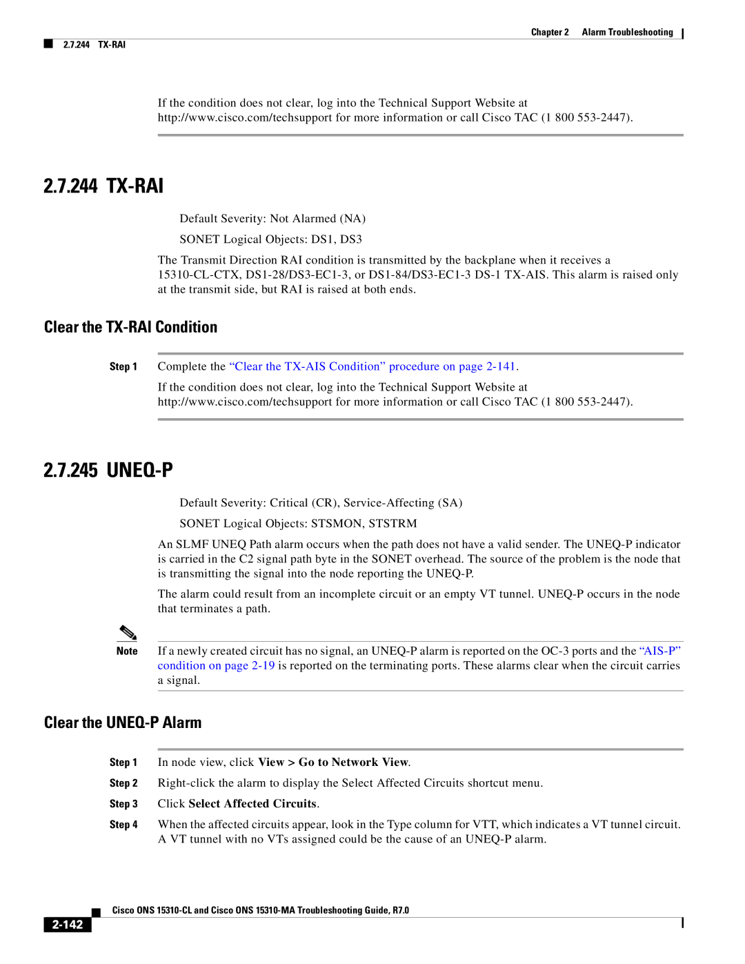 Cisco Systems ONS 15310-CL, ONS 15310-MA manual Tx-Rai, Uneq-P, Clear the TX-RAI Condition, Clear the UNEQ-P Alarm, 142 