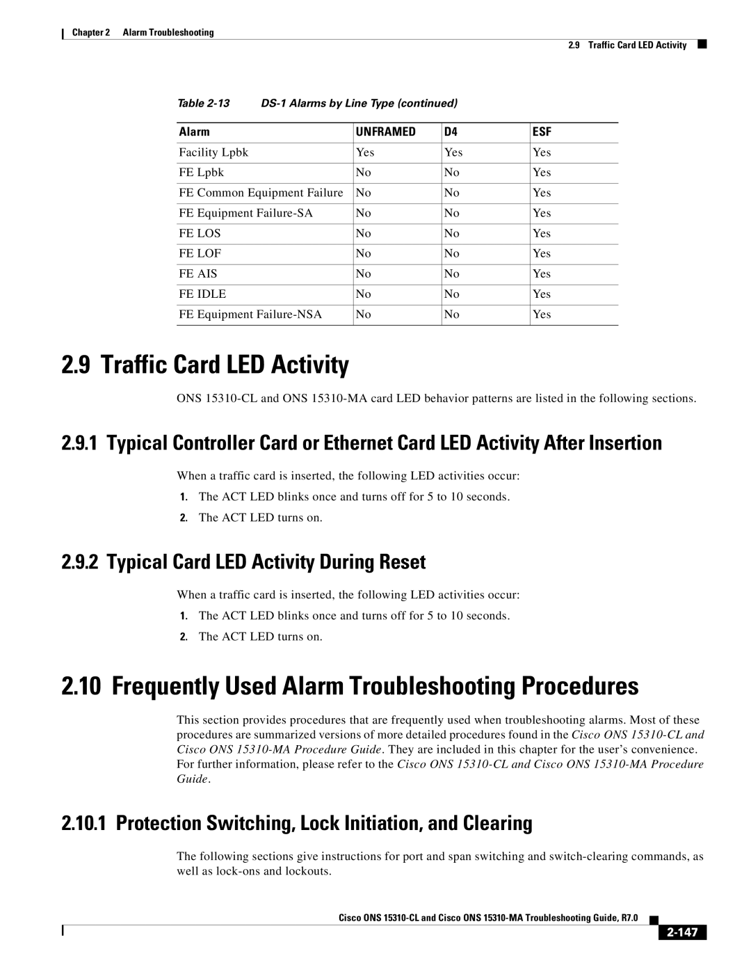 Cisco Systems ONS 15310-MA, ONS 15310-CL manual Traffic Card LED Activity, Typical Card LED Activity During Reset, 147 