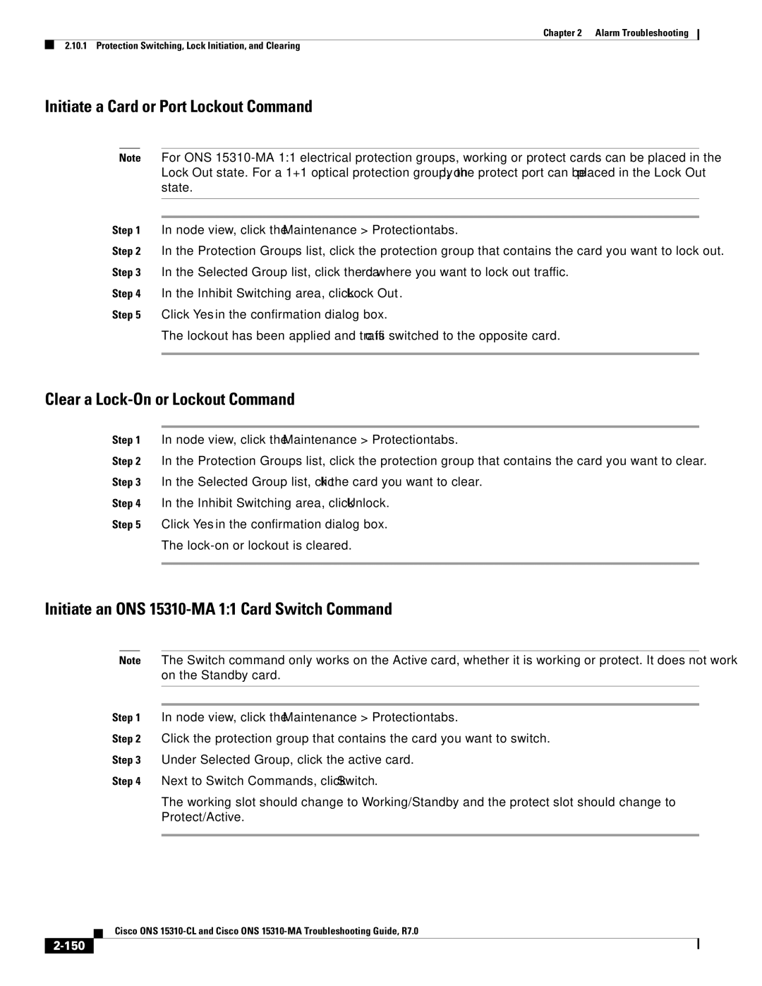 Cisco Systems ONS 15310-CL, ONS 15310-MA Initiate a Card or Port Lockout Command, Clear a Lock-On or Lockout Command, 150 