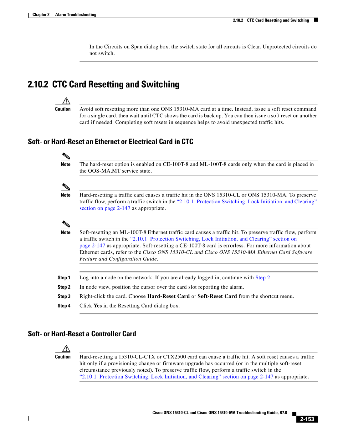 Cisco Systems ONS 15310-MA CTC Card Resetting and Switching, Soft- or Hard-Reset an Ethernet or Electrical Card in CTC 