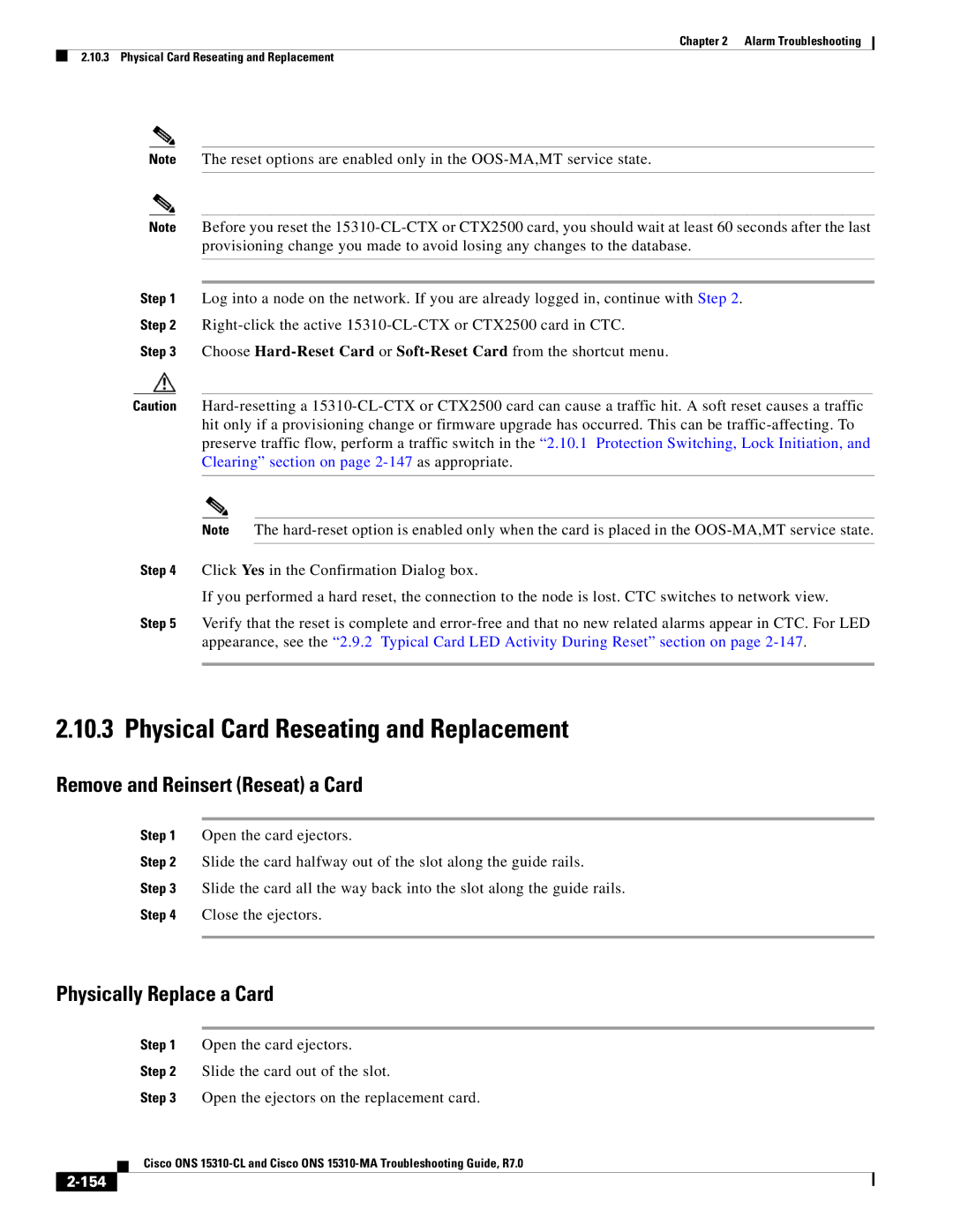 Cisco Systems ONS 15310-CL, ONS 15310-MA Physical Card Reseating and Replacement, Remove and Reinsert Reseat a Card, 154 