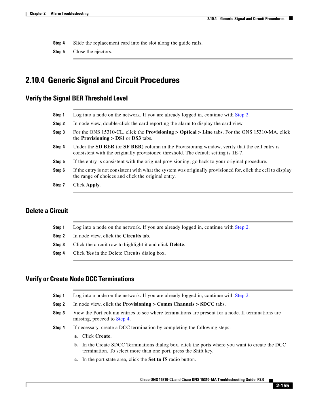 Cisco Systems ONS 15310-MA Generic Signal and Circuit Procedures, Verify the Signal BER Threshold Level, Delete a Circuit 