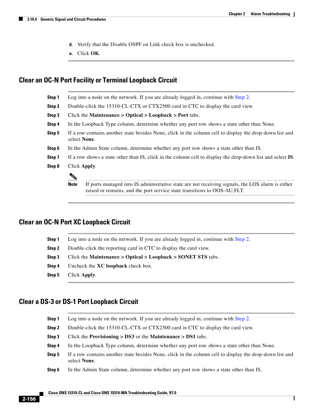 Cisco Systems ONS 15310-CL, ONS 15310-MA manual Clear an OC-N Port Facility or Terminal Loopback Circuit, 156 