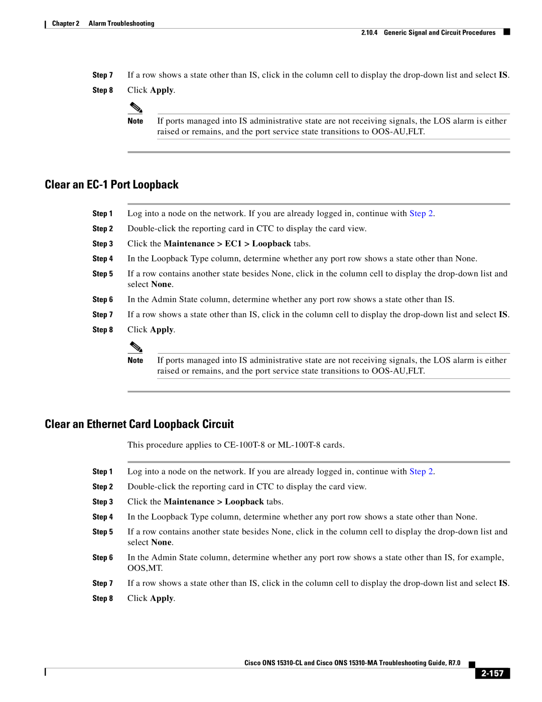 Cisco Systems ONS 15310-MA, ONS 15310-CL manual Clear an EC-1 Port Loopback, Clear an Ethernet Card Loopback Circuit, 157 