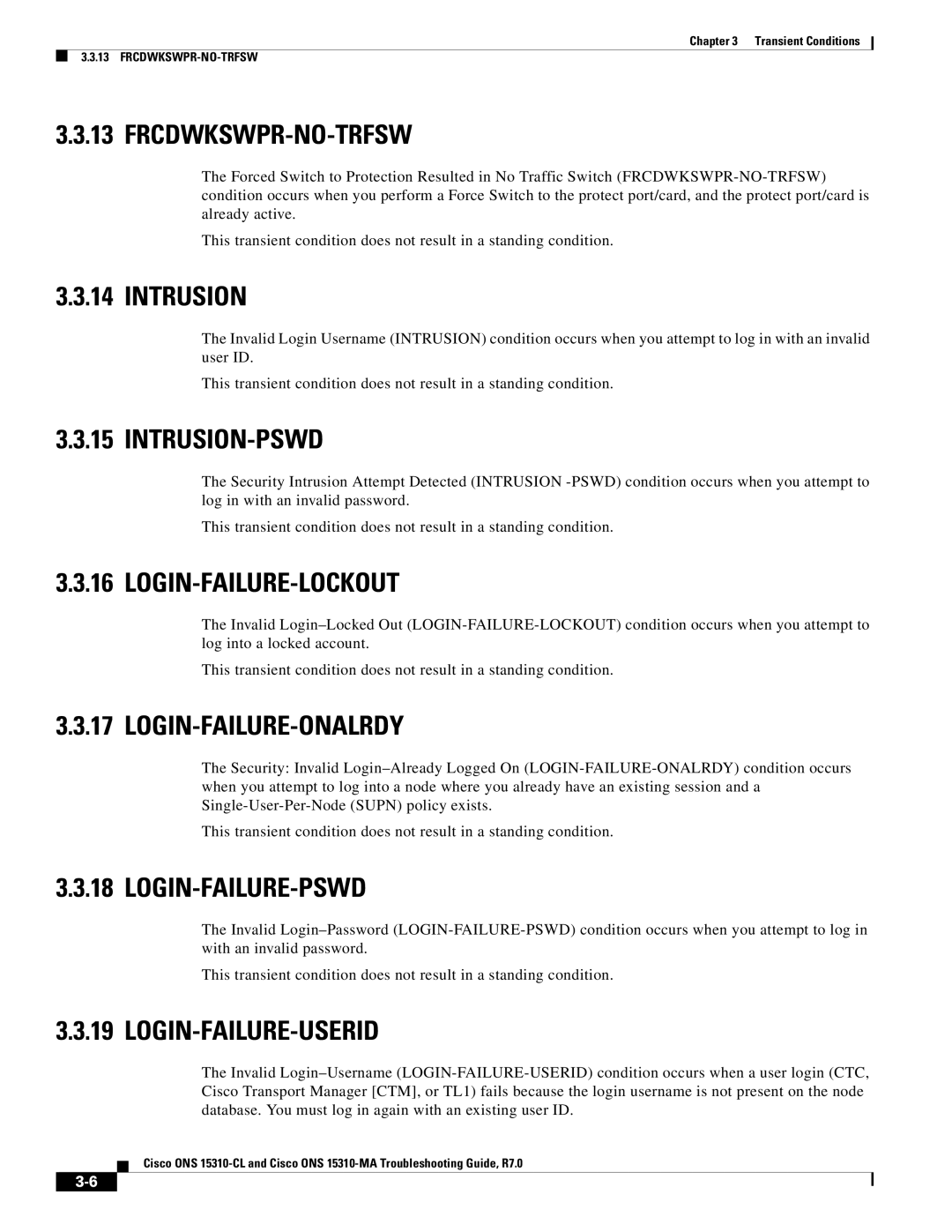 Cisco Systems ONS 15310-CL, ONS 15310-MA manual Frcdwkswpr-No-Trfsw, Intrusion, Login-Failure-Lockout, Login-Failure-Onalrdy 