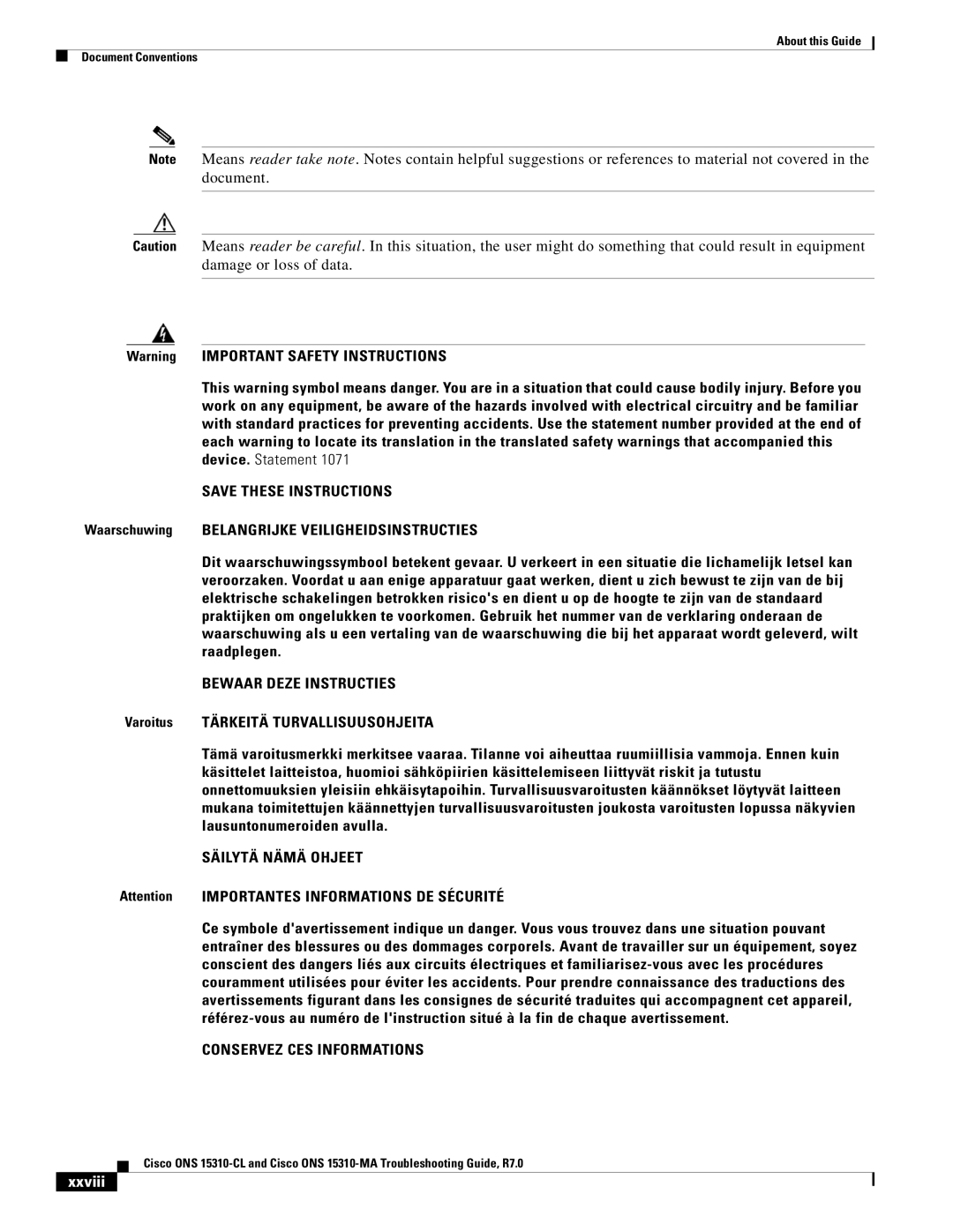 Cisco Systems ONS 15310-CL, ONS 15310-MA manual Bewaar Deze Instructies, Xxviii 