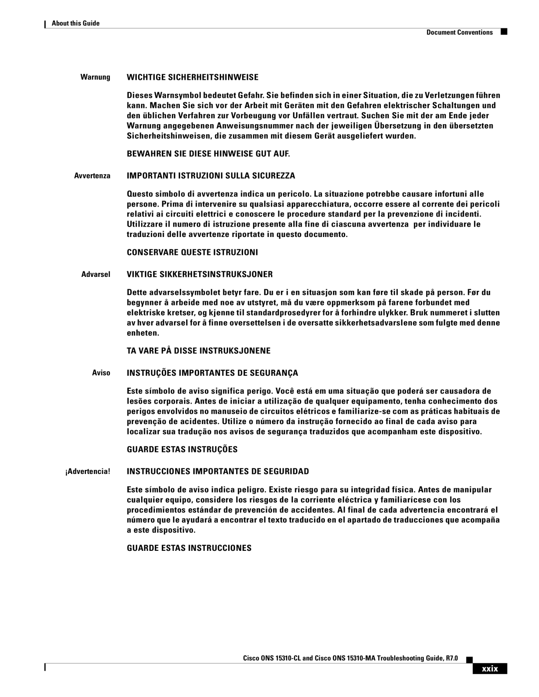 Cisco Systems ONS 15310-MA, ONS 15310-CL manual Warnung Wichtige Sicherheitshinweise, Xxix 