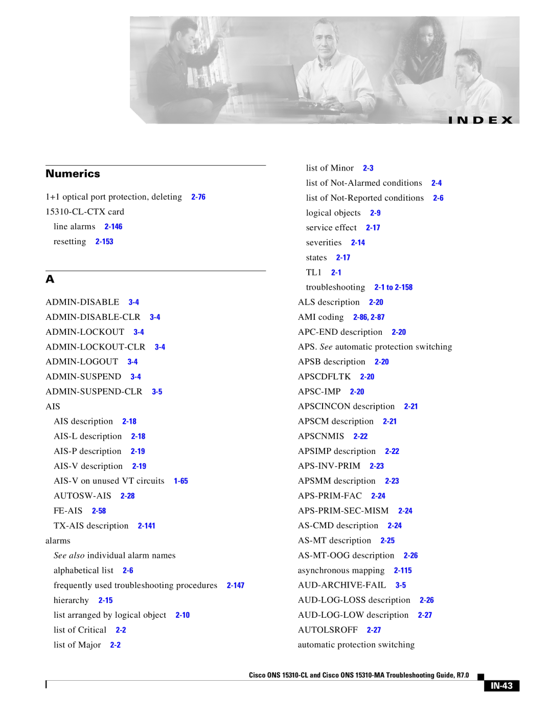 Cisco Systems ONS 15310-MA, ONS 15310-CL manual Autosw-Ais Fe-Ais, TL1, Apscdfltk APSC-IMP, Apscnmis, IN-43 