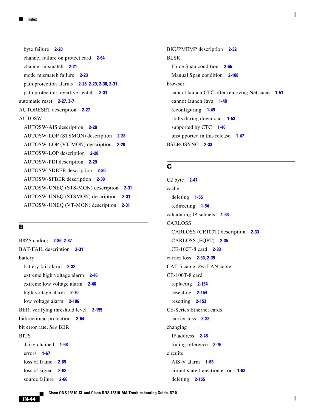 Cisco Systems ONS 15310-CL, ONS 15310-MA manual Autosw, Bslrosync, Carloss, Bits, IN-44 