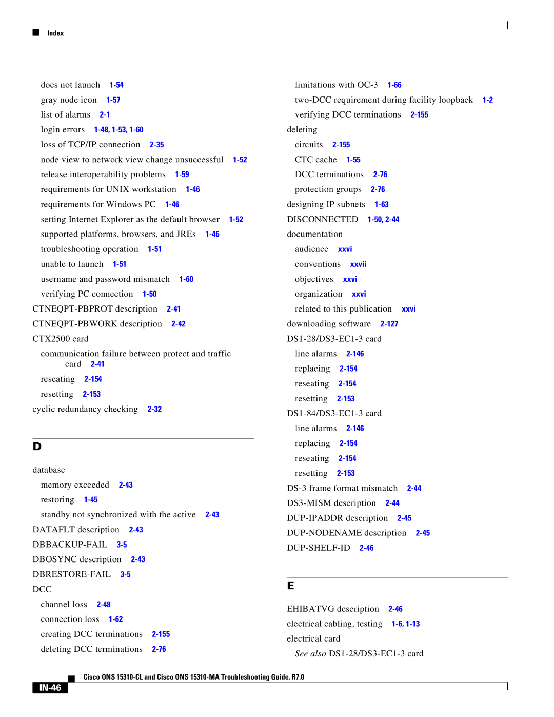 Cisco Systems ONS 15310-CL, ONS 15310-MA manual Dbrestore-Fail Dcc, Disconnected, IN-46 