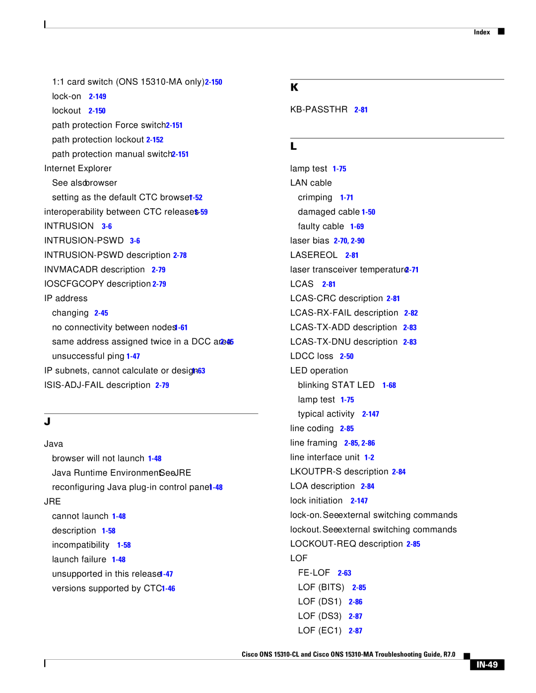 Cisco Systems ONS 15310-MA, ONS 15310-CL manual Intrusion INTRUSION-PSWD, Jre, Lasereol, IN-49 