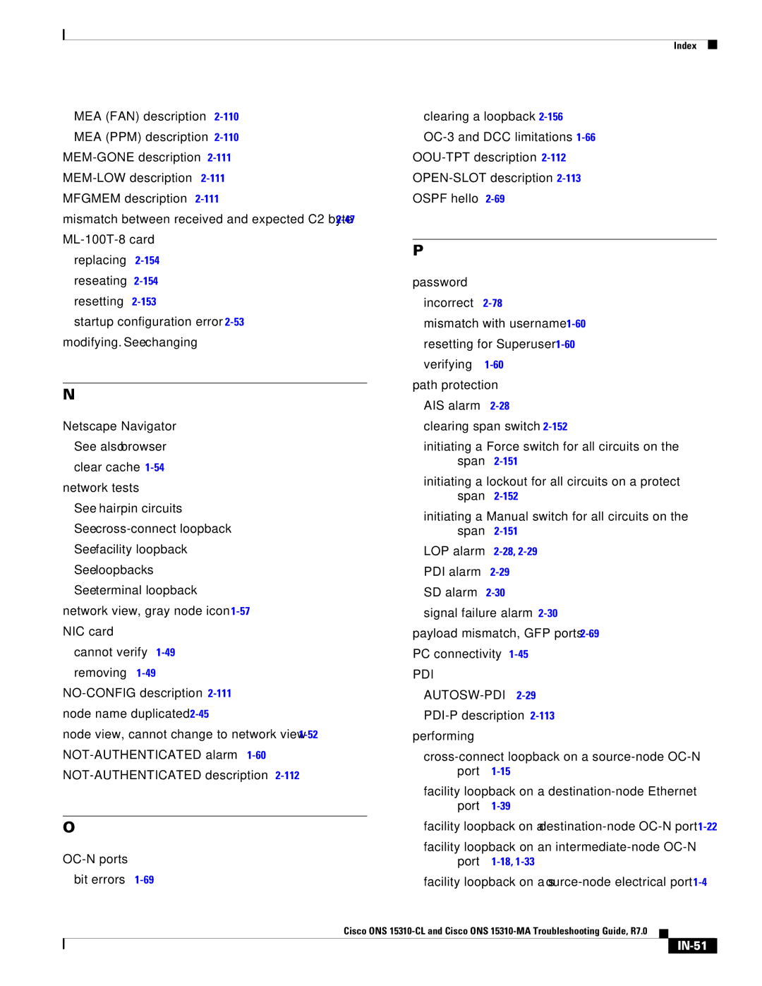 Cisco Systems ONS 15310-MA, ONS 15310-CL manual Pdi, IN-51 