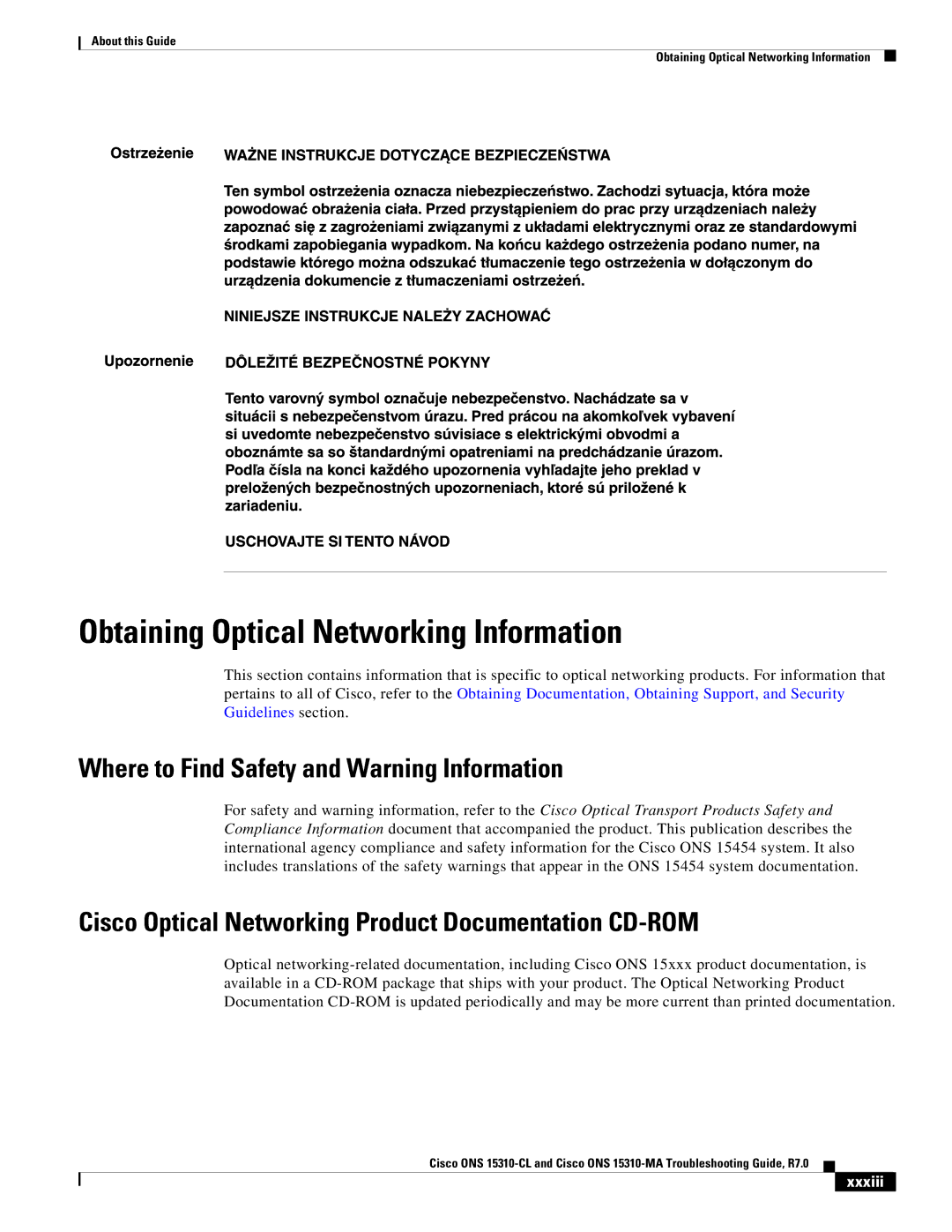 Cisco Systems ONS 15310-MA Obtaining Optical Networking Information, Where to Find Safety and Warning Information, Xxxiii 