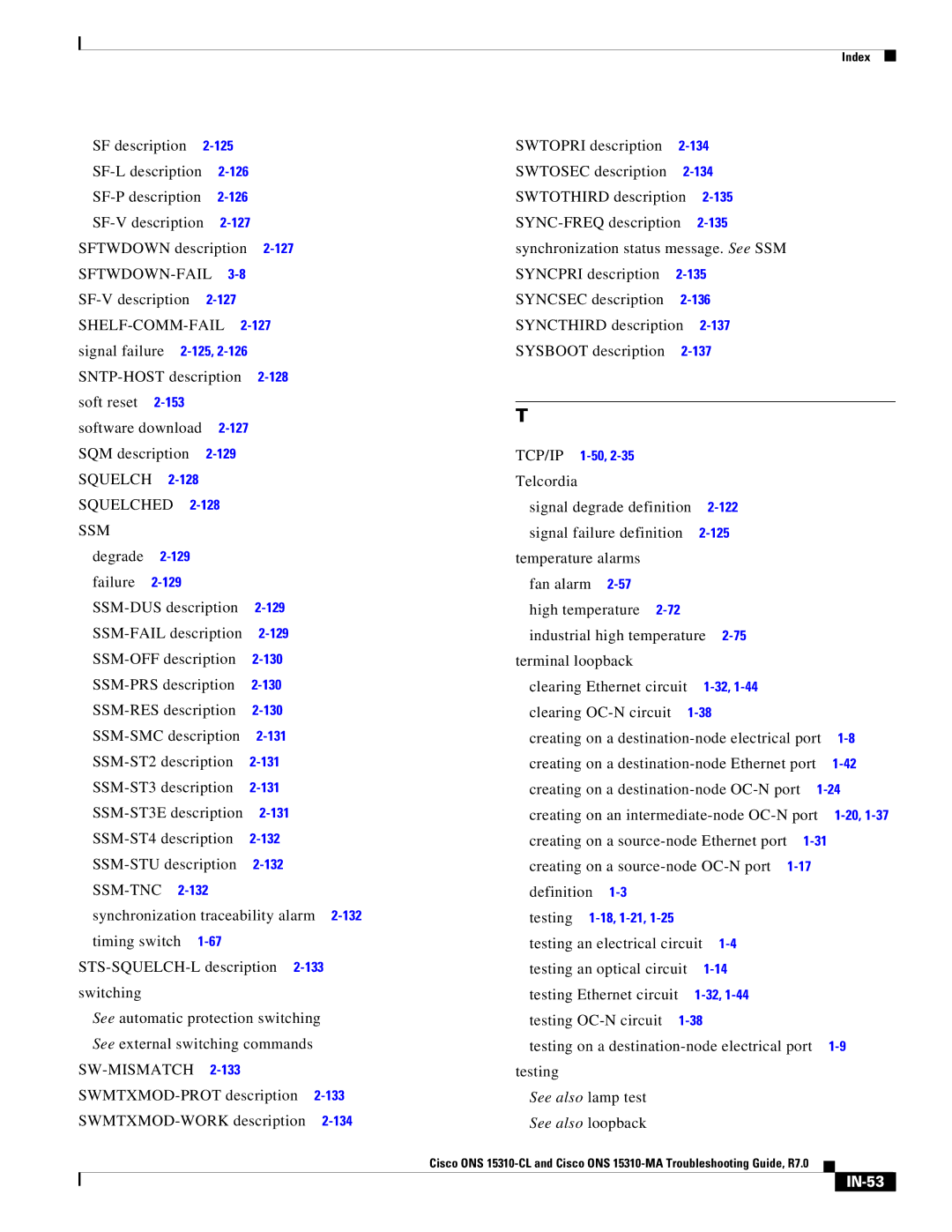 Cisco Systems ONS 15310-MA, ONS 15310-CL manual Sftwdown-Fail, Ssm, Tcp/Ip, IN-53 