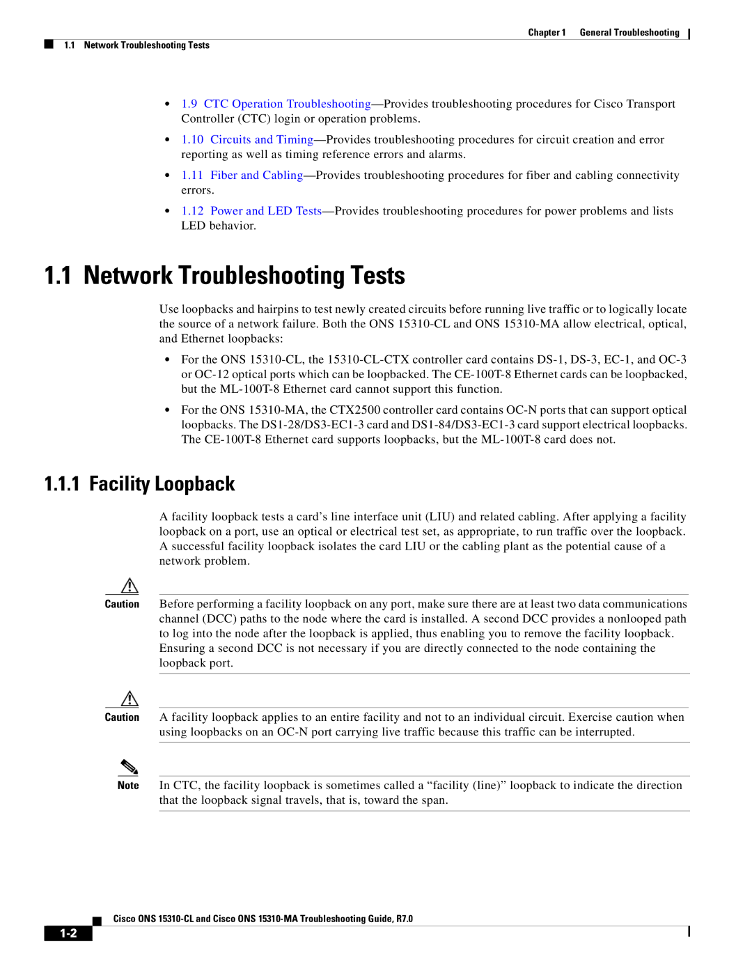 Cisco Systems ONS 15310-CL, ONS 15310-MA manual Network Troubleshooting Tests, Facility Loopback 