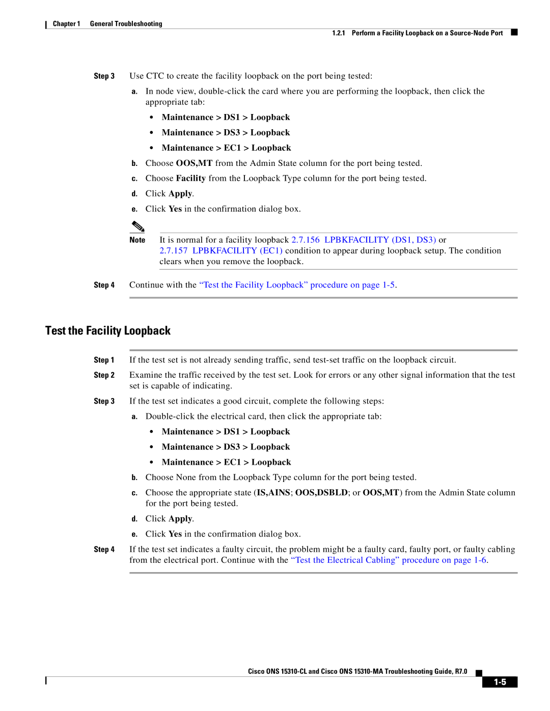 Cisco Systems ONS 15310-MA, ONS 15310-CL manual Test the Facility Loopback 