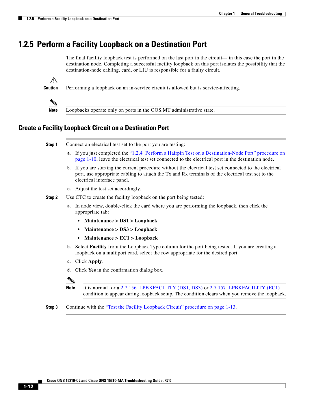 Cisco Systems ONS 15310-CL, ONS 15310-MA manual Perform a Facility Loopback on a Destination Port 