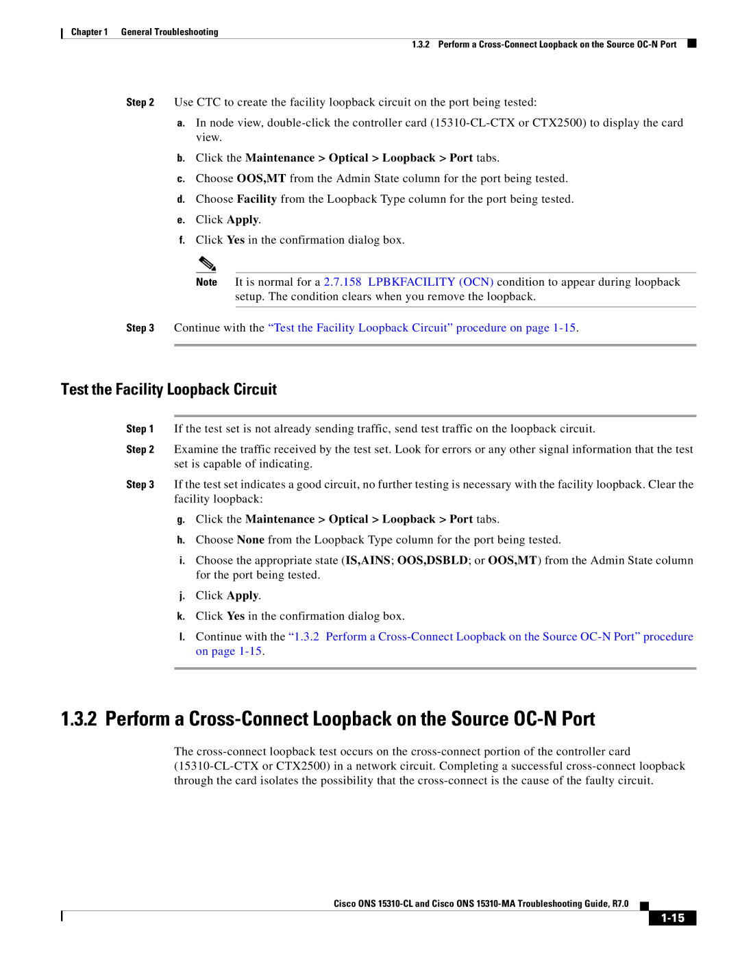 Cisco Systems ONS 15310-MA, ONS 15310-CL manual Perform a Cross-Connect Loopback on the Source OC-N Port 