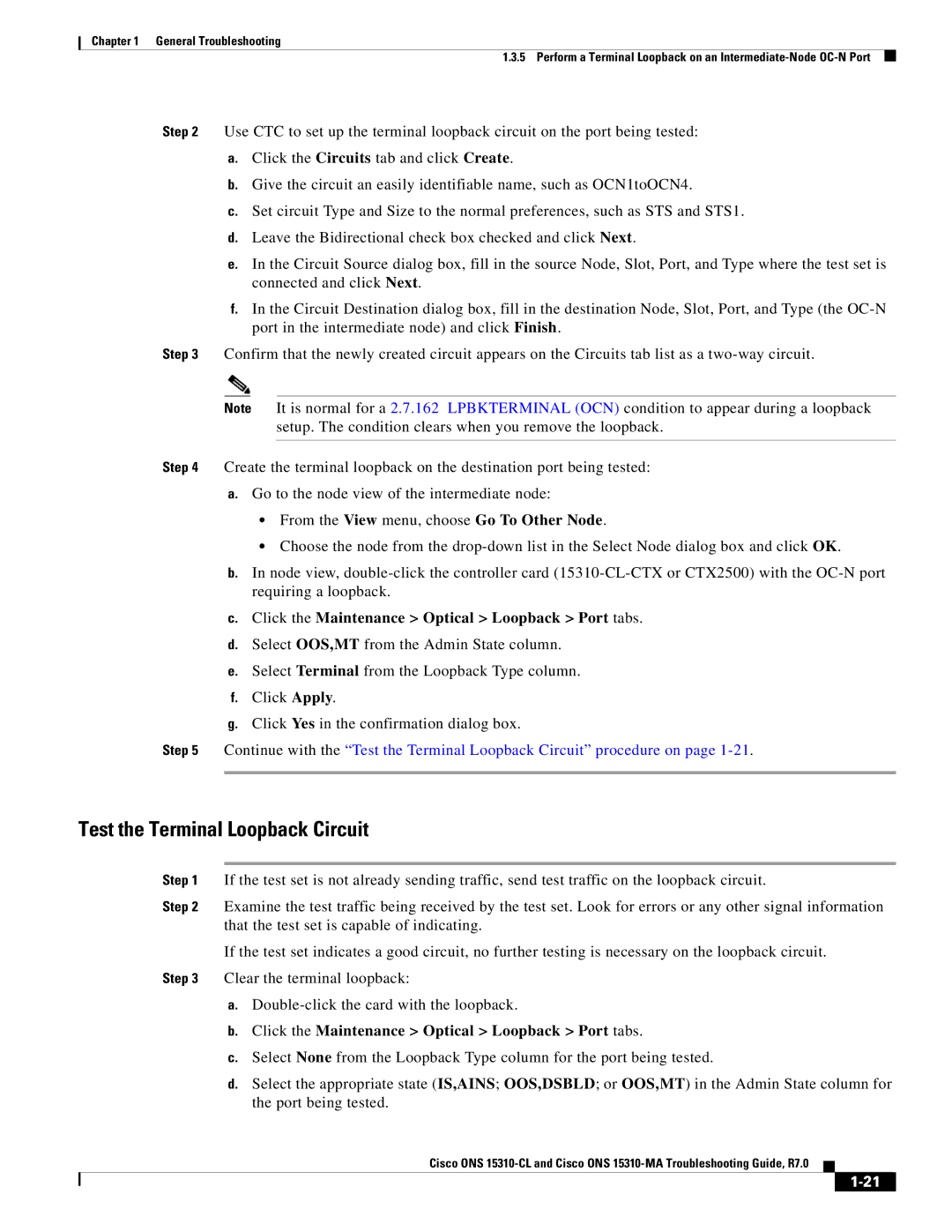 Cisco Systems ONS 15310-MA, ONS 15310-CL manual Test the Terminal Loopback Circuit 