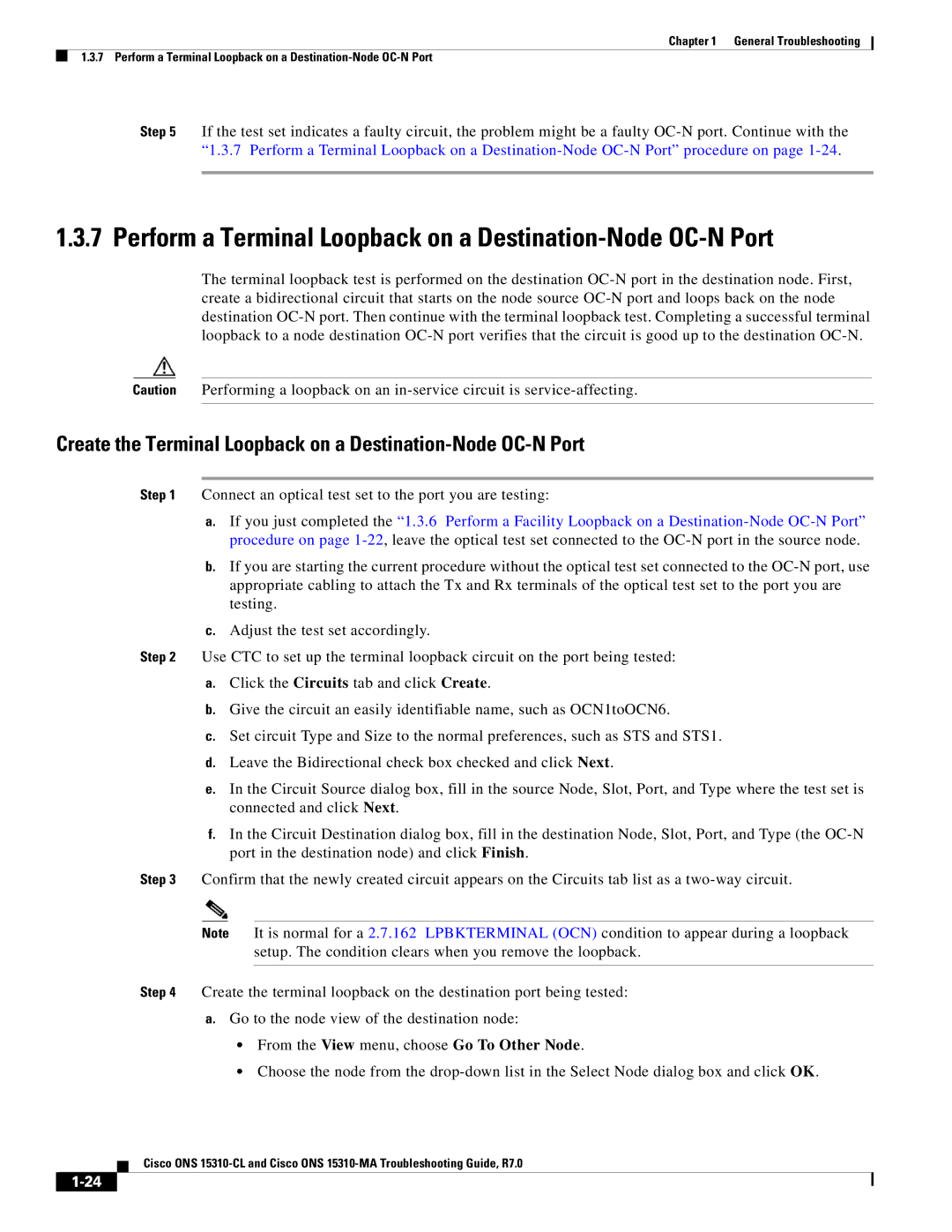 Cisco Systems ONS 15310-CL, ONS 15310-MA manual Perform a Terminal Loopback on a Destination-Node OC-N Port 