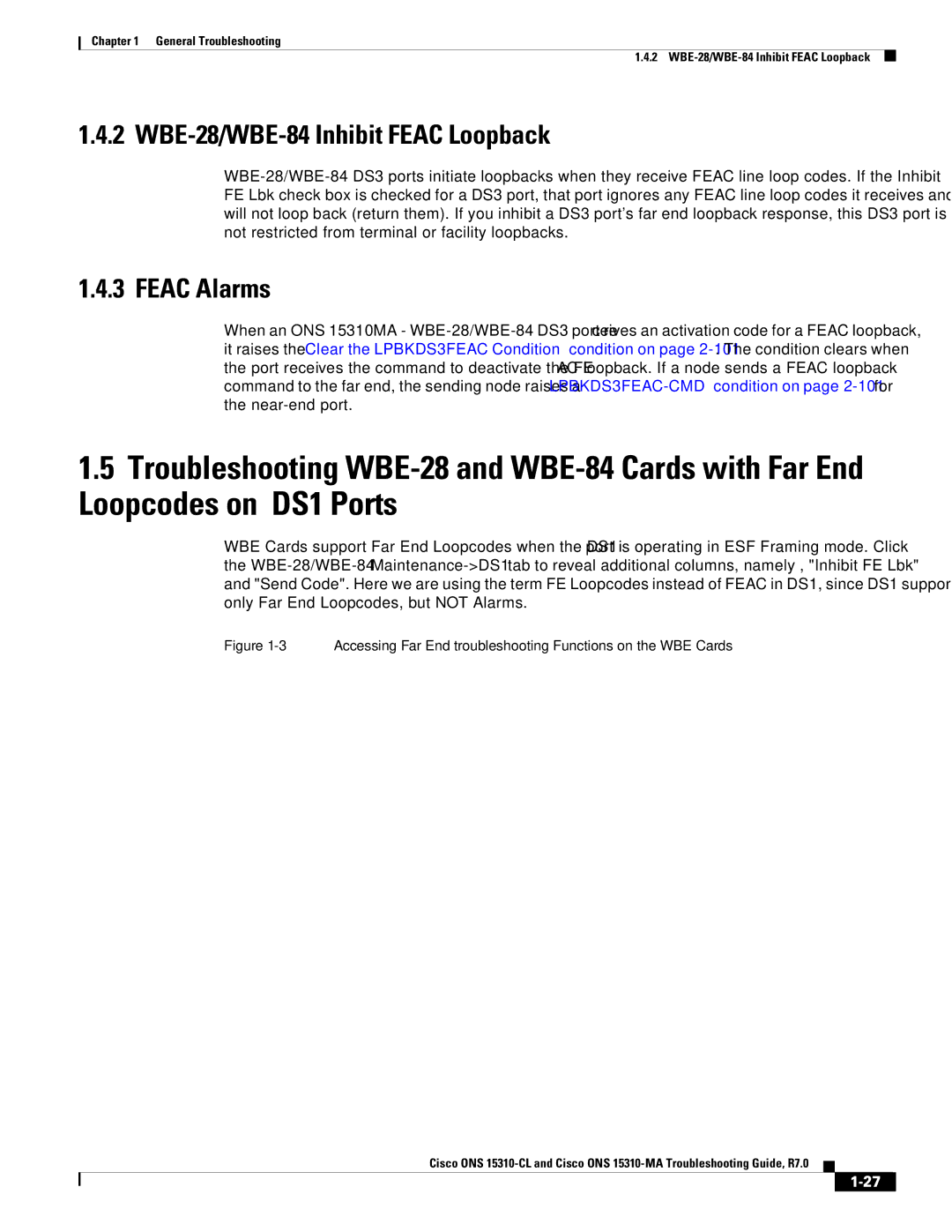 Cisco Systems ONS 15310-MA, ONS 15310-CL manual WBE-28/WBE-84 Inhibit Feac Loopback, Feac Alarms 